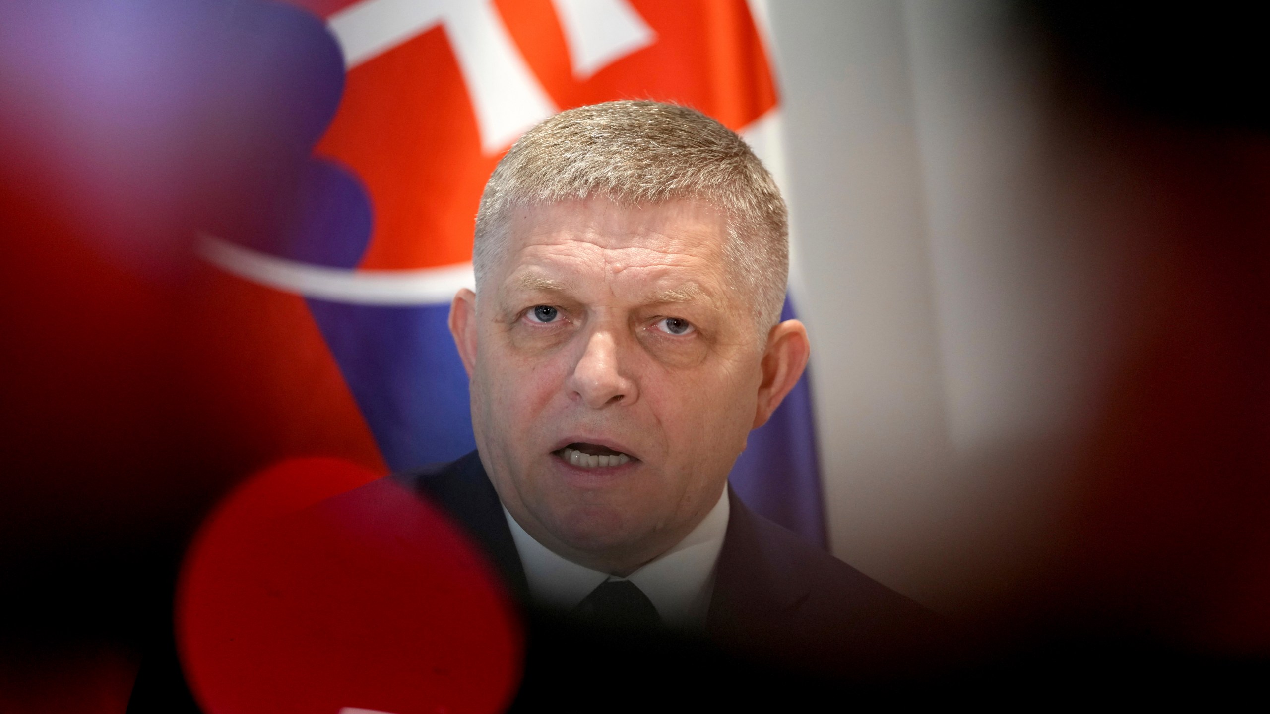 Slovakian Prime Minister Robert Fico speaks during a media conference, regarding Ukraine's decision to halt Russian gas supplies to Europe, at the Slovakian Representation in Brussels, Thursday, Jan. 9, 2025. (AP Photo/Virginia Mayo)