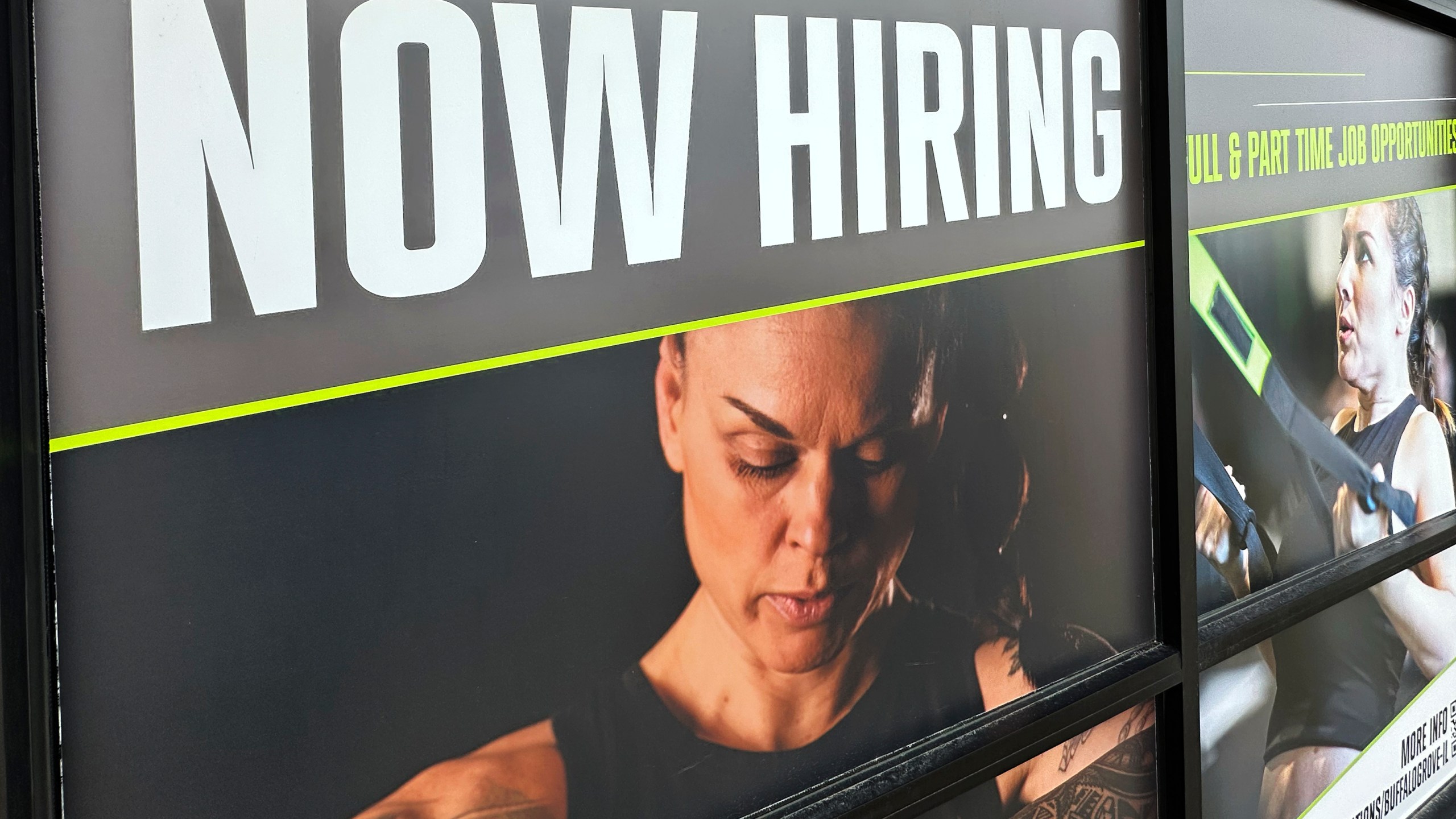 A hiring sign is displayed at a fitness center in Riverwoods, Ill., Sunday, Jan. 5, 2025. (AP Photo/Nam Y. Huh)