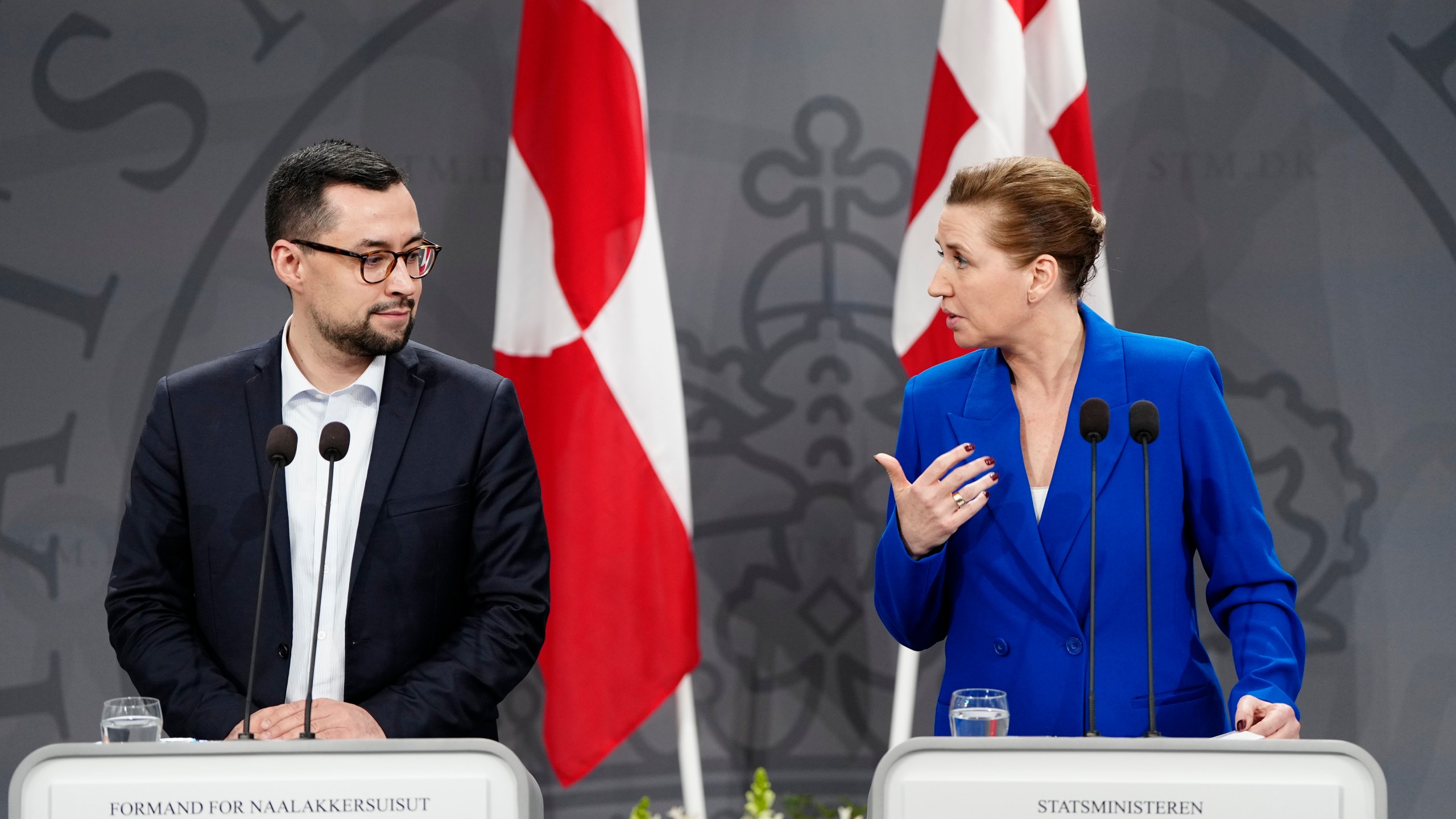 Danish Prime Minister Mette Frederiksen and her Greenland's counterpart Mute B. Egede, left, meet the media in the Mirror Hall at the Prime Minister's Office, at Christiansborg in Copenhagen, Friday, Jan. 10, 2025. (Mads Claus Rasmussen/Ritzau Scanpix via AP)