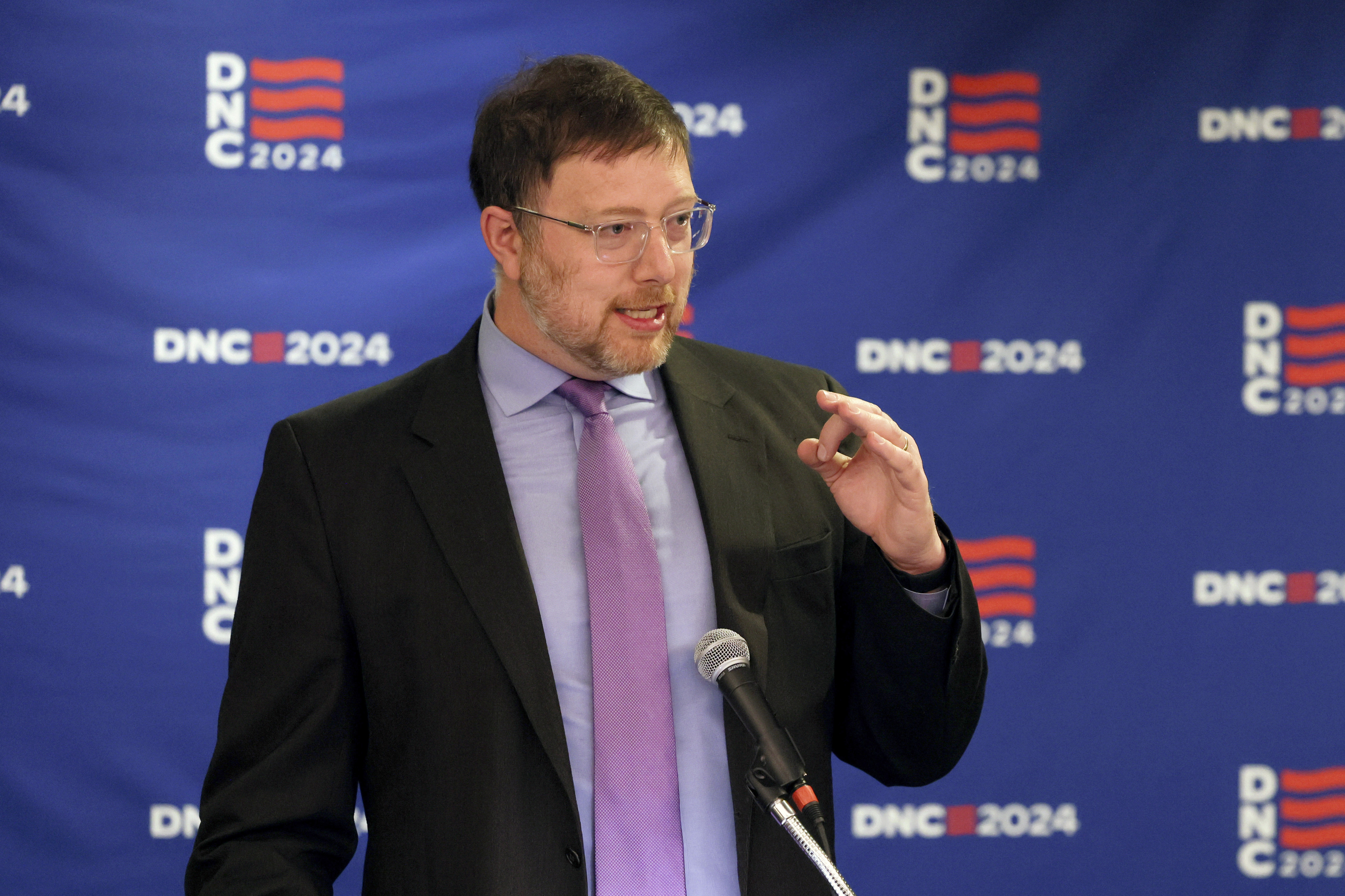 FILE - Ben Wikler, chair of the Democratic Party of Wisconsin, discusses the 2024 Democratic National Convention during a news conference, April 18, 2024, in Chicago. (AP Photo/Teresa Crawford, File)