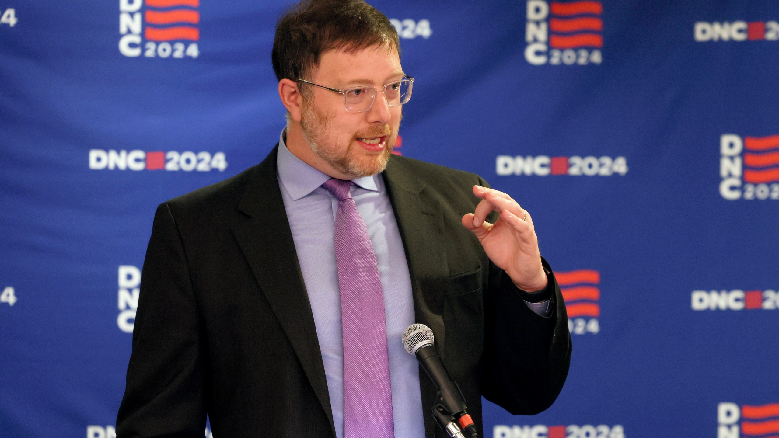 FILE - Ben Wikler, chair of the Democratic Party of Wisconsin, discusses the 2024 Democratic National Convention during a news conference, April 18, 2024, in Chicago. (AP Photo/Teresa Crawford, File)