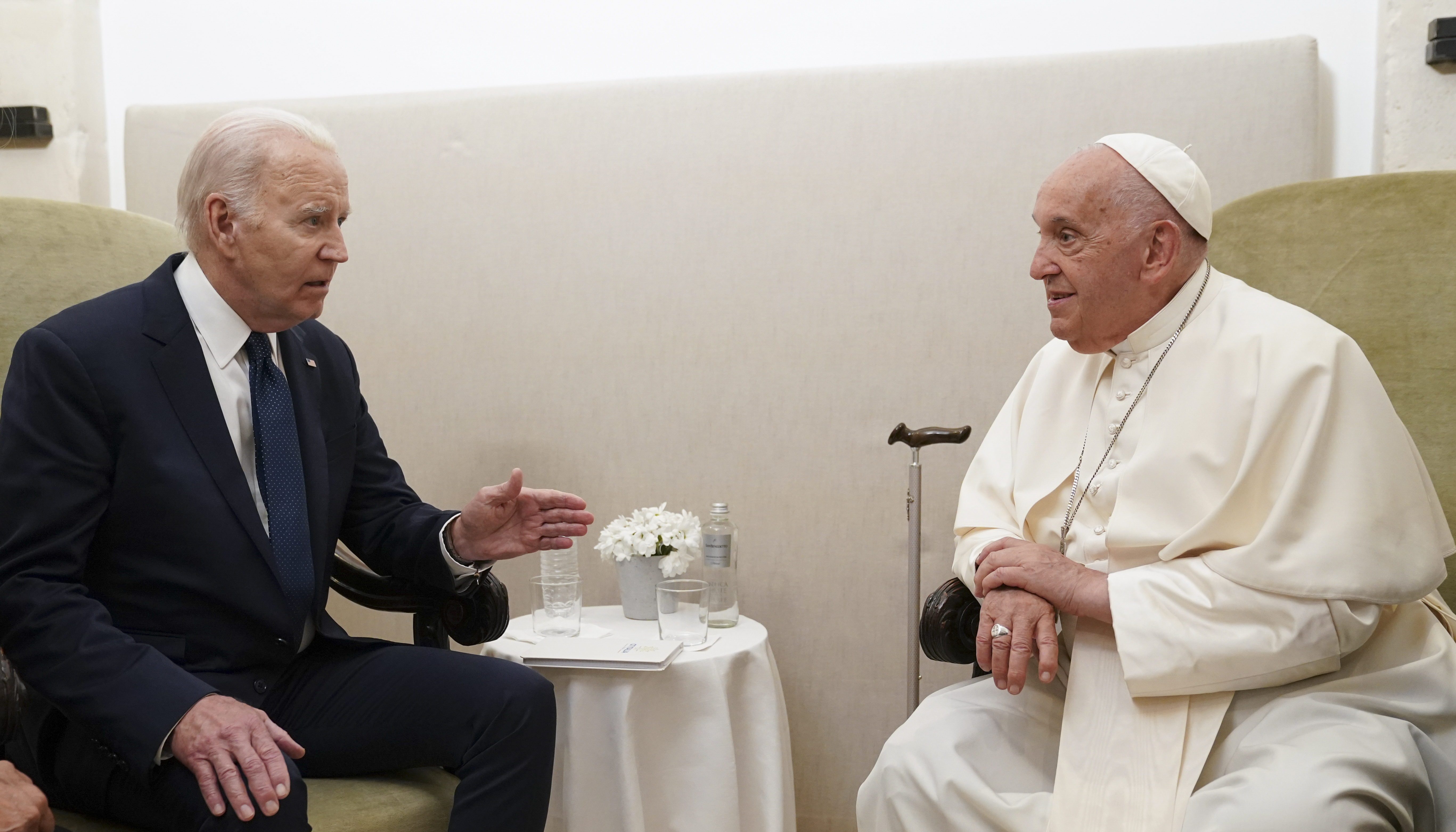 FILE - President Joe Biden, left, meets with Pope Francis in Savelletri, Puglia, Italy, June 14, 2024. (Kevin Lamarque/Pool Photo via AP, File)