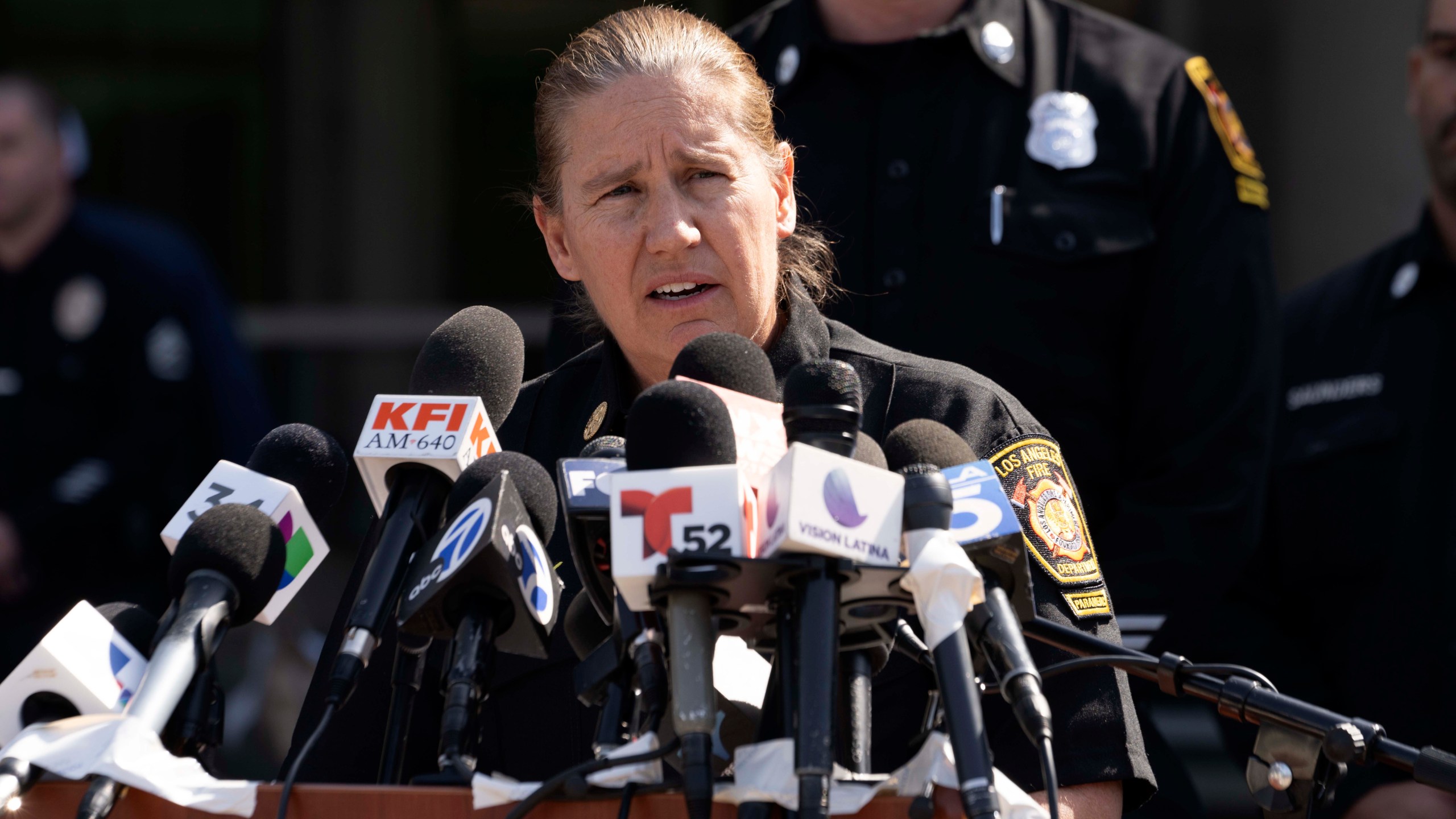 FILE - Los Angeles Fire Department Chief Kristin Crowley talks during a news conference at Harbor–UCLA Medical Center in the West Carson area of Los Angeles on Thursday, Feb. 15, 2024. (AP Photo/Richard Vogel, File)