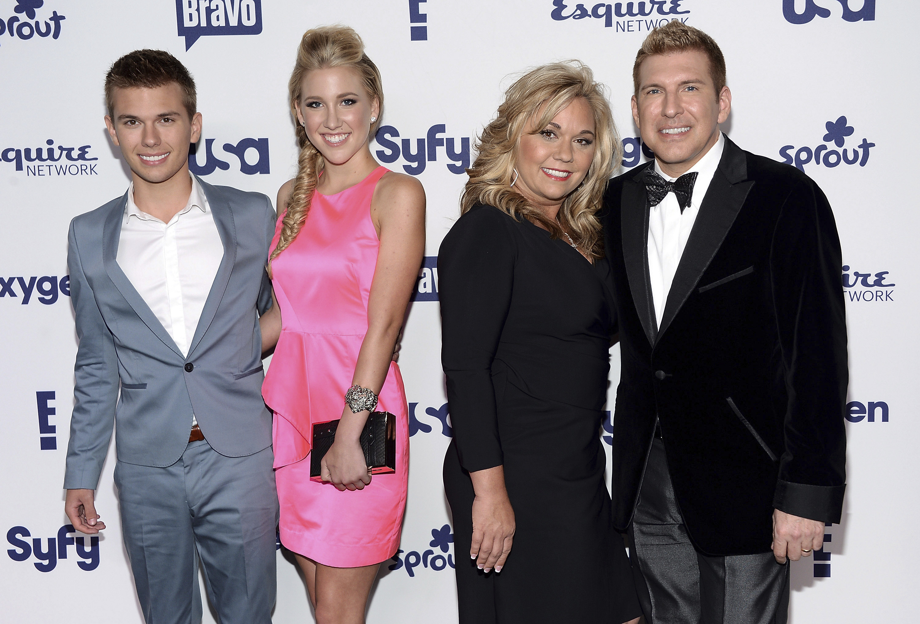 FILE - "Chrisley Knows Best" cast members from left, Chase Chrisley, Savannah Crisley, Julie Crisley and Todd Chrisley attend the NBCUniversal Cable Entertainment 2014 Upfront at the Javits Center on Thursday, May 15, 2014, in New York. (Photo by Evan Agostini/Invision/AP, File)