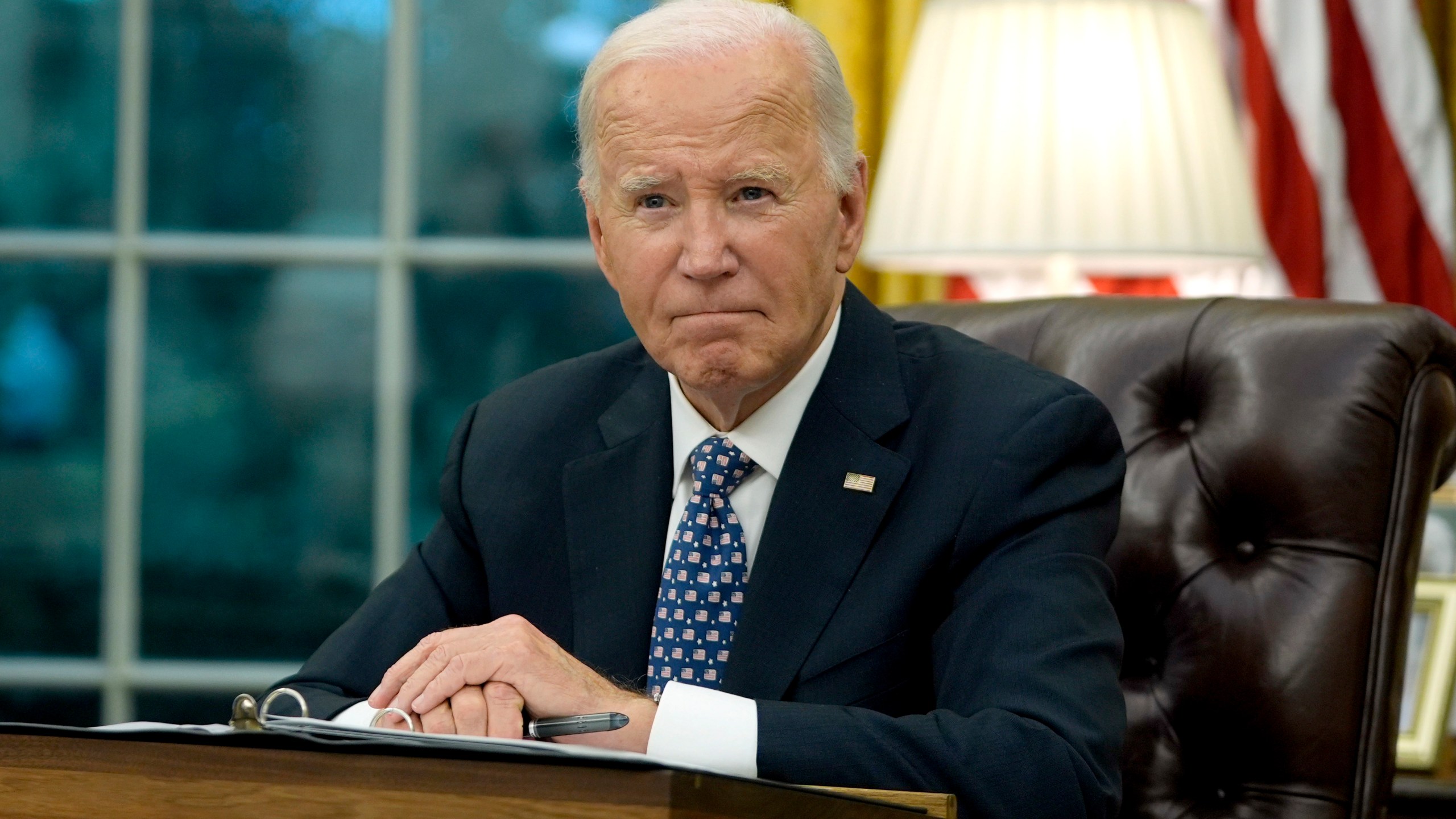 FILE - President Joe Biden speaks from the Oval Office of the White House in Washington, Sept. 30, 2024. (AP Photo/Mark Schiefelbein, File)