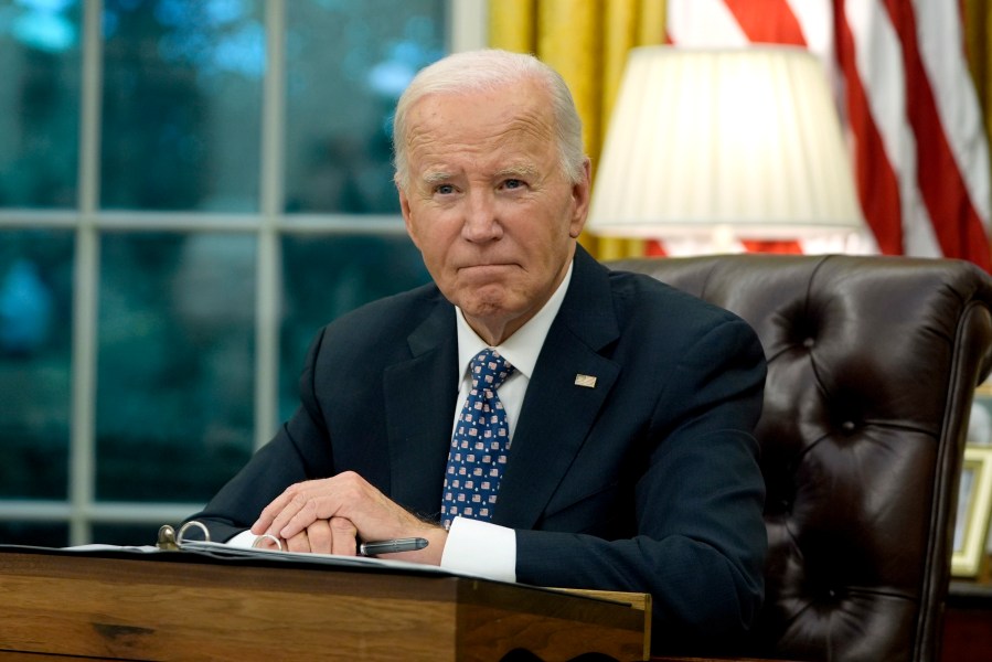 FILE - President Joe Biden speaks from the Oval Office of the White House in Washington, Sept. 30, 2024. (AP Photo/Mark Schiefelbein, File)