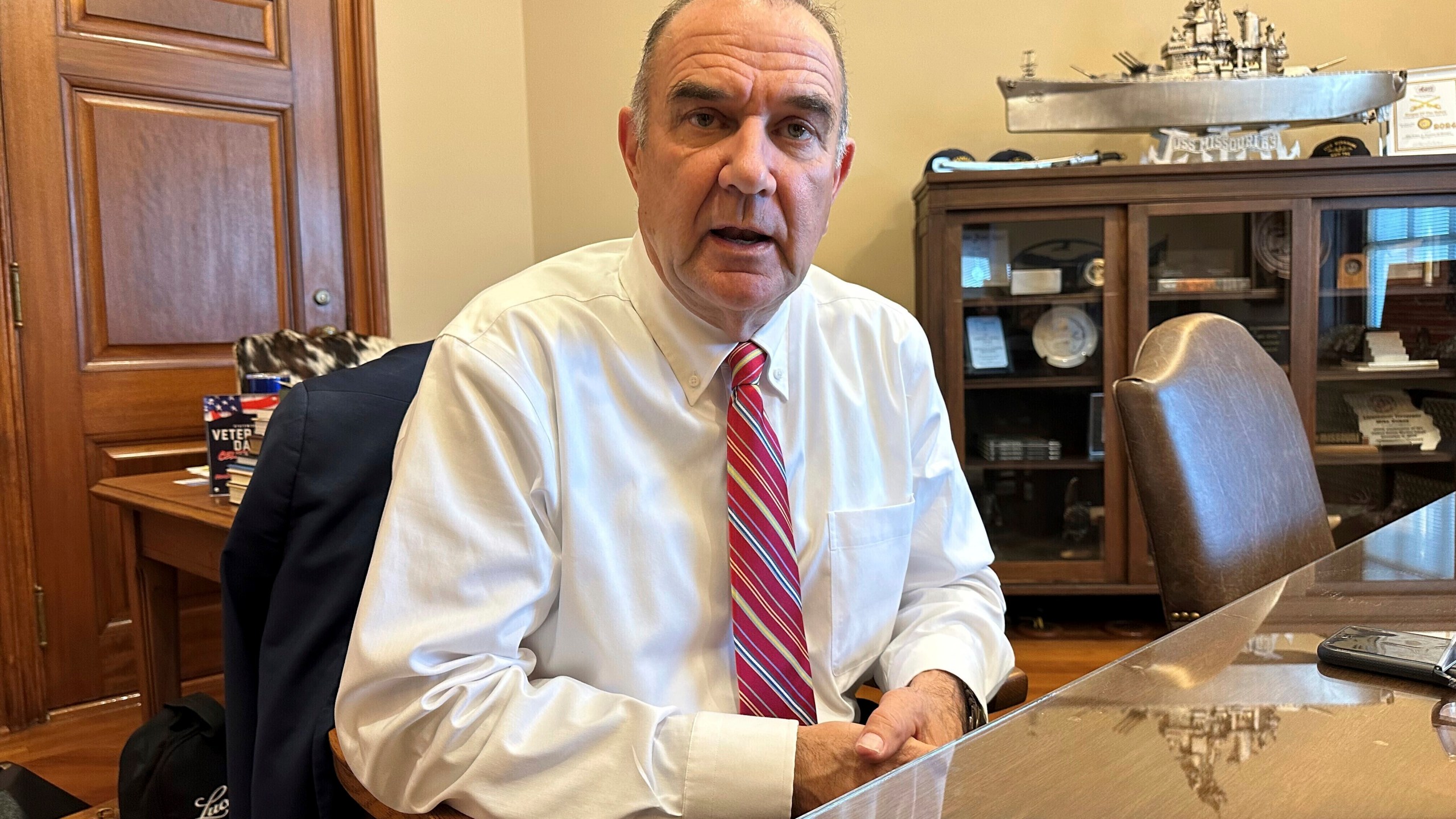 FILE - Missouri Lt. Gov. Mike Kehoe speaks in his Capitol office in Jefferson City, Mo., Dec. 6, 2024. (AP Photo/David A. Lieb, File)