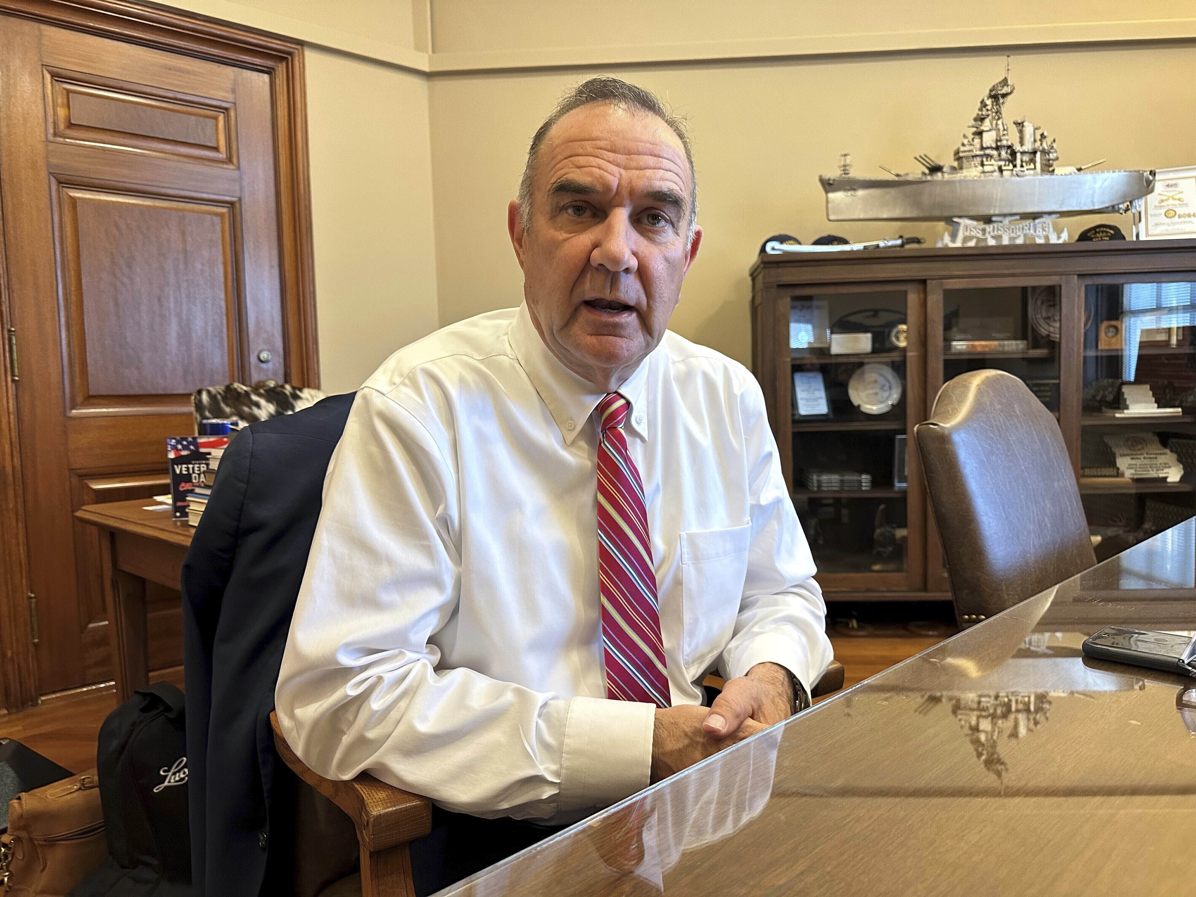 FILE - Missouri Lt. Gov. Mike Kehoe speaks in his Capitol office in Jefferson City, Mo., Dec. 6, 2024. (AP Photo/David A. Lieb, File)