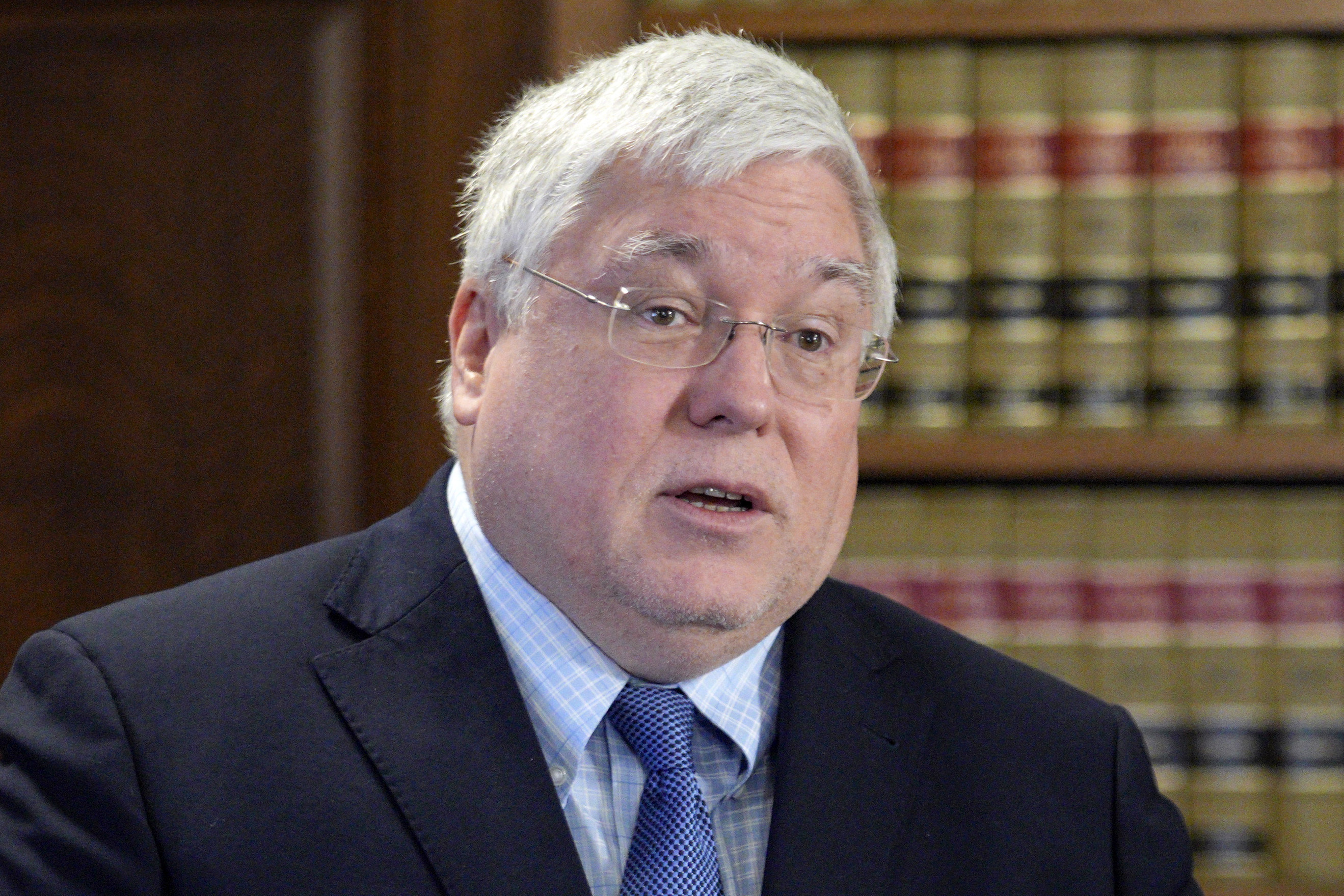 FILE - West Virginia Attorney General Patrick Morrisey speaks during a news conference at the state Capitol, in Charleston, W.Va., May 4, 2023. (AP Photo/Jeff Dean, File)