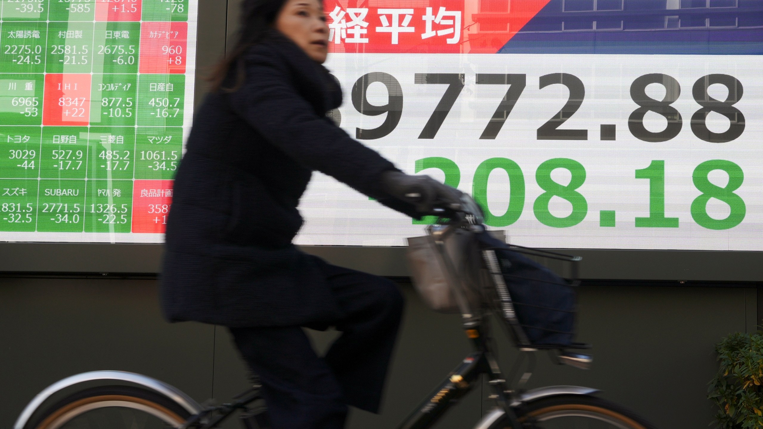 A person rides a bicycle in front of an electronic stock board showing Japan's Nikkei index at a securities firm Thursday, Jan. 9, 2025, in Tokyo. (AP Photo/Eugene Hoshiko)