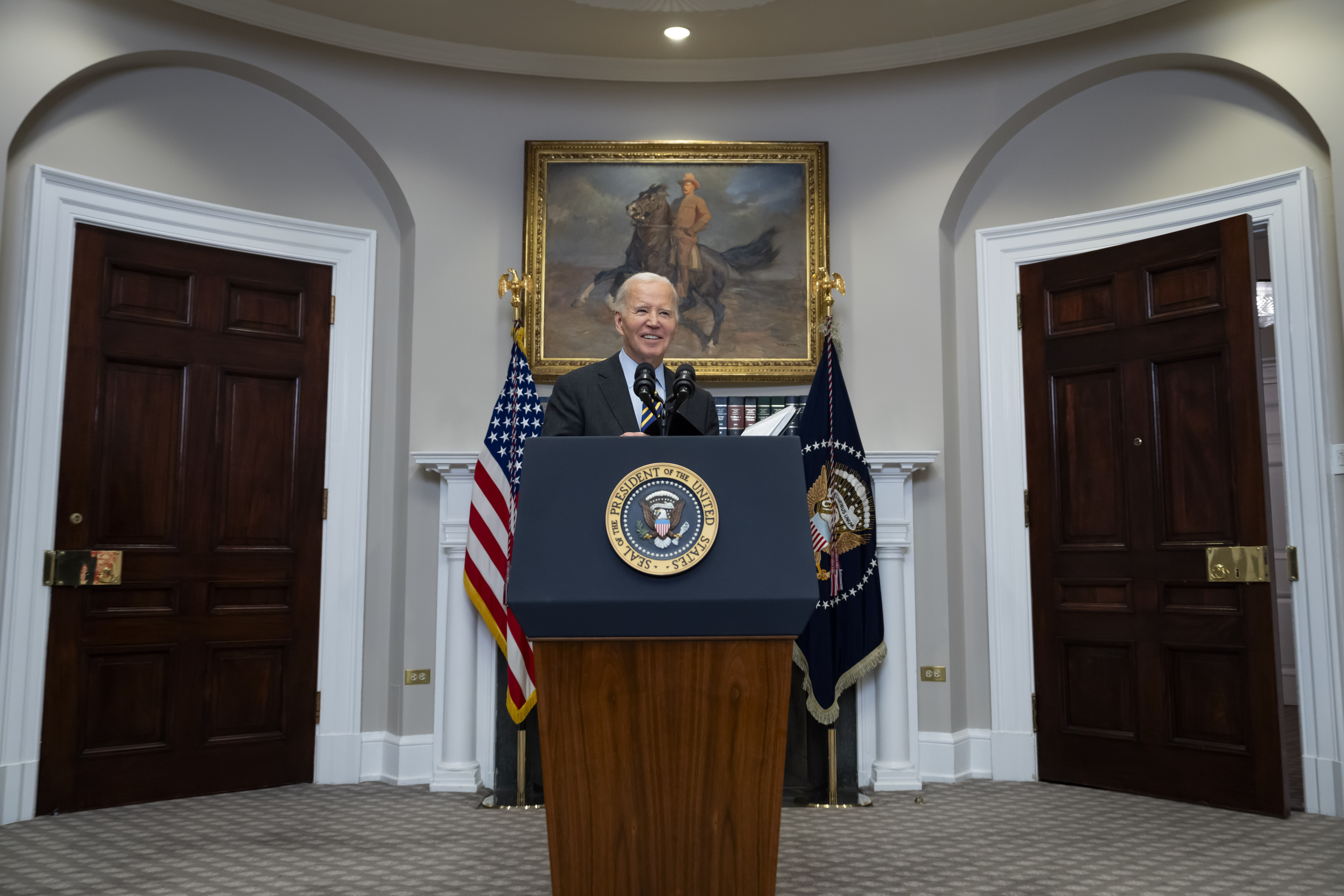 President Joe Biden speaks in the Roosevelt Room at the White House in Washington, Friday, Jan. 10, 2025. (AP Photo/Ben Curtis)