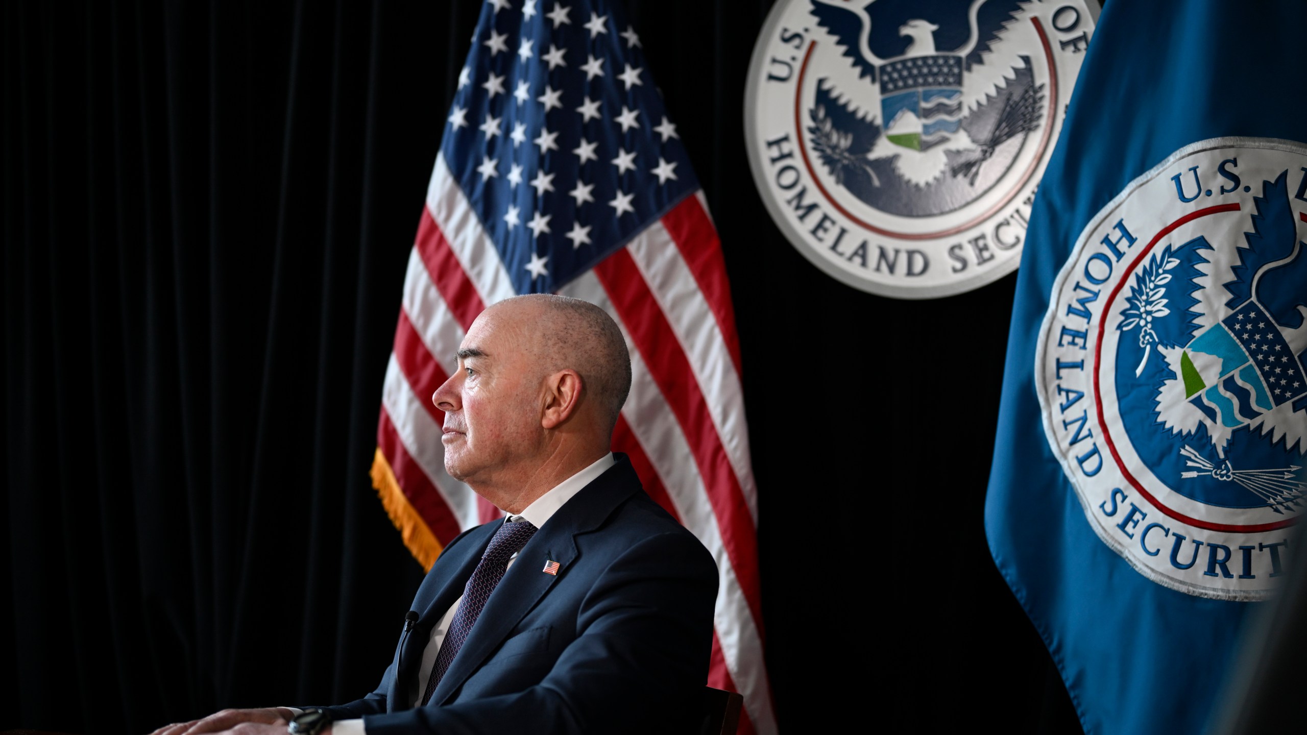 Outgoing Homeland Security Secretary Alejandro Mayorkas during a press interview on Friday, Jan. 10, 2025, in Washington. (AP Photo/John McDonnell)