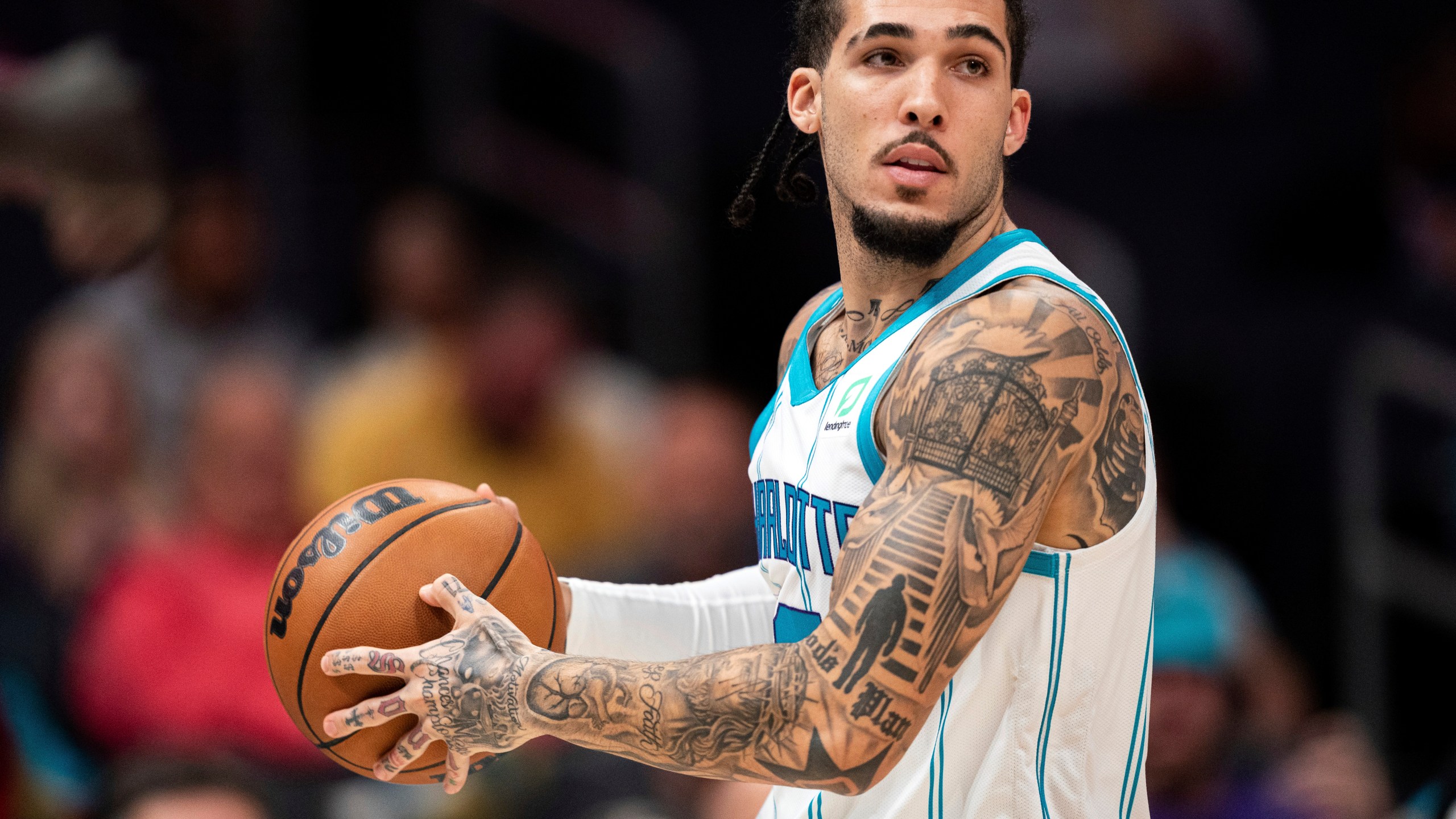 FILE - Charlotte Hornets guard LiAngelo Ball plays in the second half of an NBA preseason basketball game against the Washington Wizards in Charlotte, N.C., Monday, Oct. 10, 2022. (AP Photo/Jacob Kupferman, File)