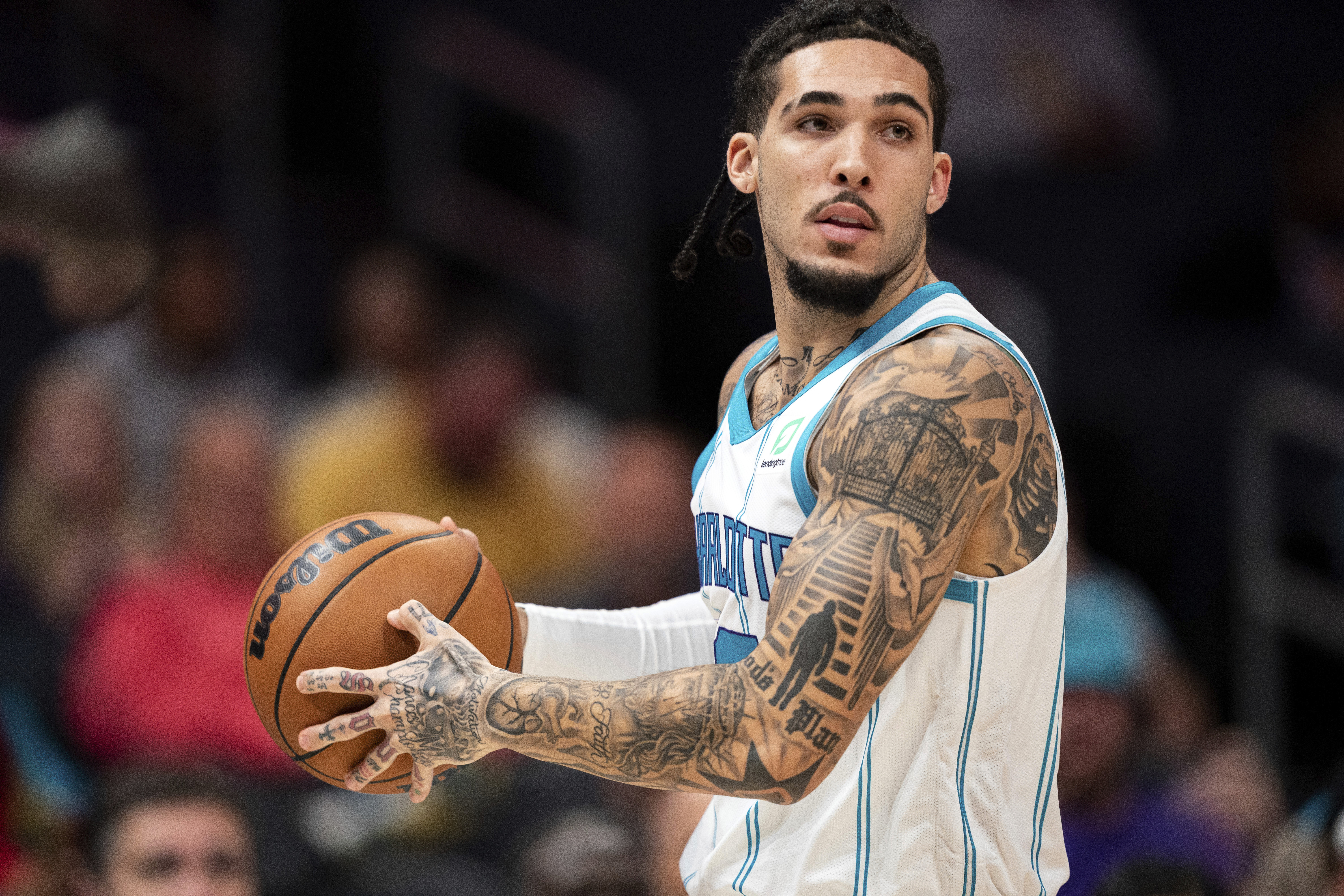 FILE - Charlotte Hornets guard LiAngelo Ball plays in the second half of an NBA preseason basketball game against the Washington Wizards in Charlotte, N.C., Monday, Oct. 10, 2022. (AP Photo/Jacob Kupferman, File)