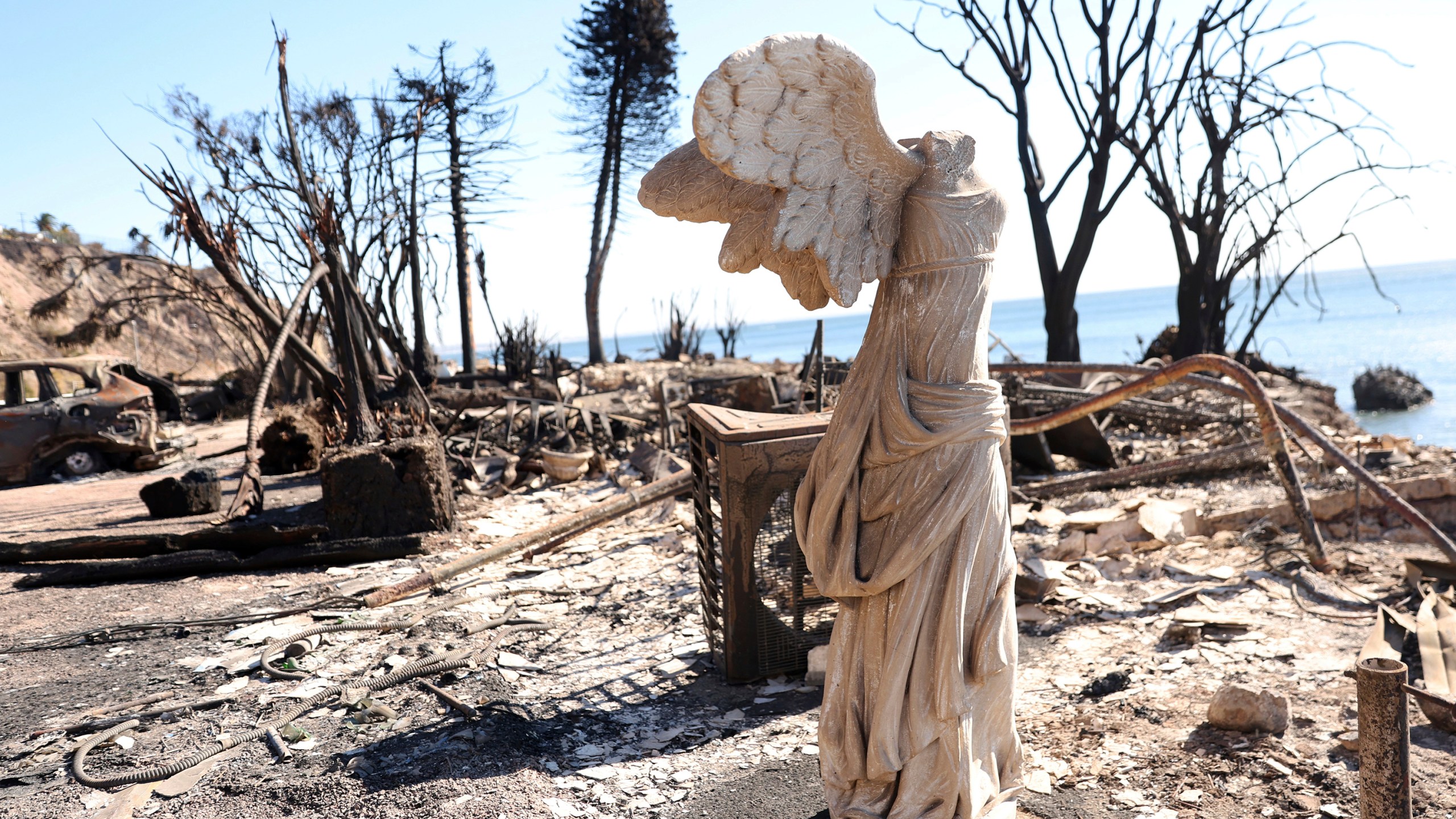 A sculpture is all that remains at a burned homesite during the aftermath of the Palisades Fire along Pacific Coast Highway in Malibu, Calif., Sunday, Jan. 12, 2025. (Scott Strazzante/San Francisco Chronicle via AP)