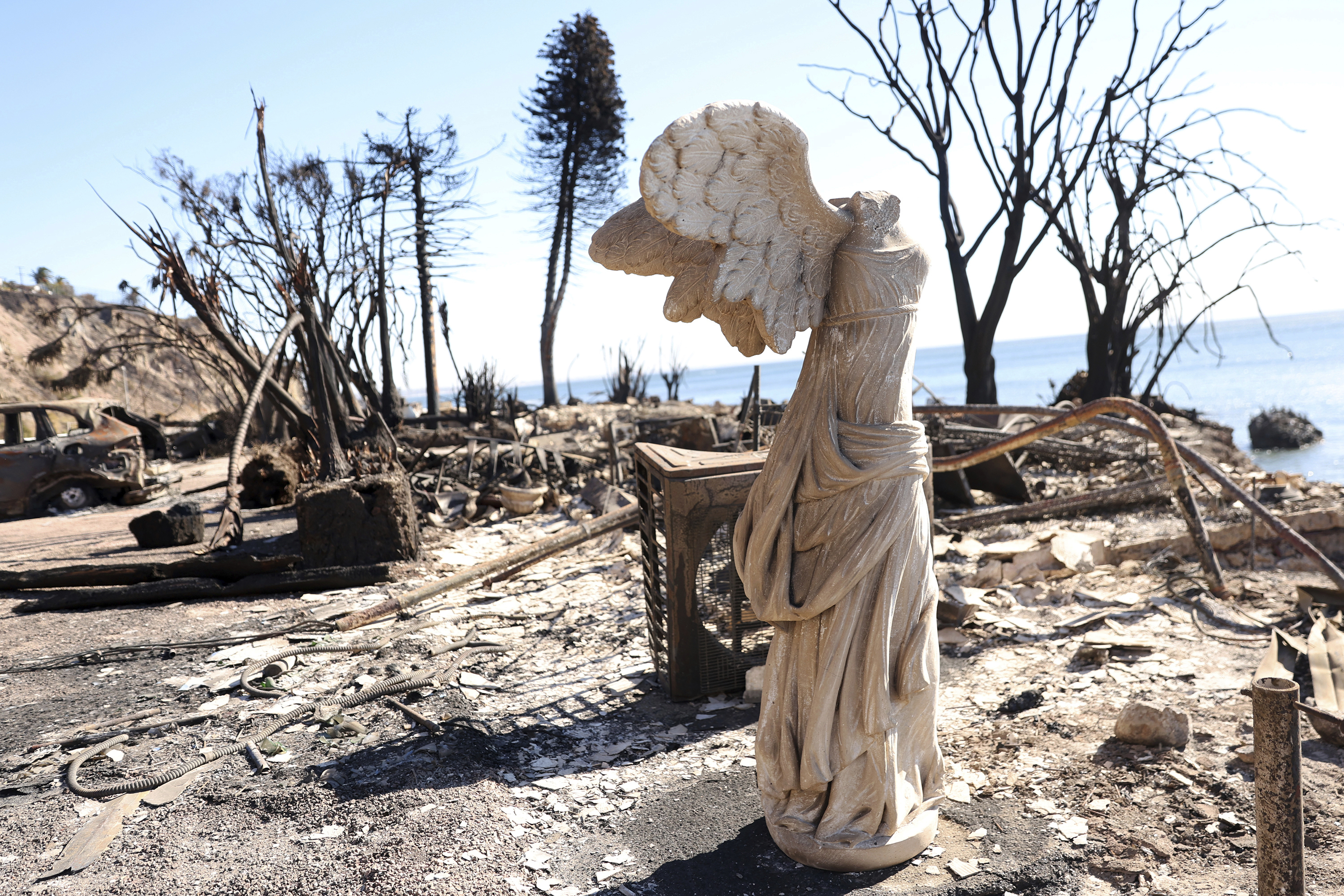 A sculpture is all that remains at a burned homesite during the aftermath of the Palisades Fire along Pacific Coast Highway in Malibu, Calif., Sunday, Jan. 12, 2025. (Scott Strazzante/San Francisco Chronicle via AP)