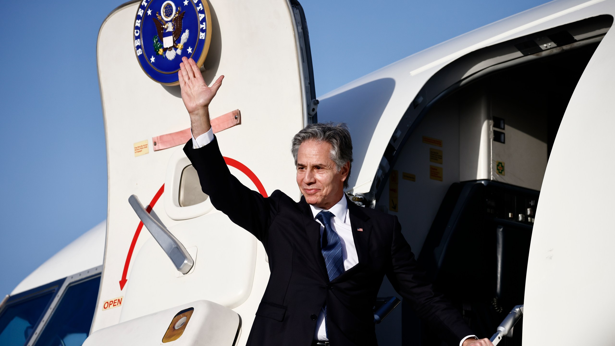 U.S. Secretary of State Antony Blinken departs from Ciampino's G.B. Pastelle Airport near Rome, Italy, Friday, Jan. 10, 2025. (Yara Nardi/Pool Photo via AP)