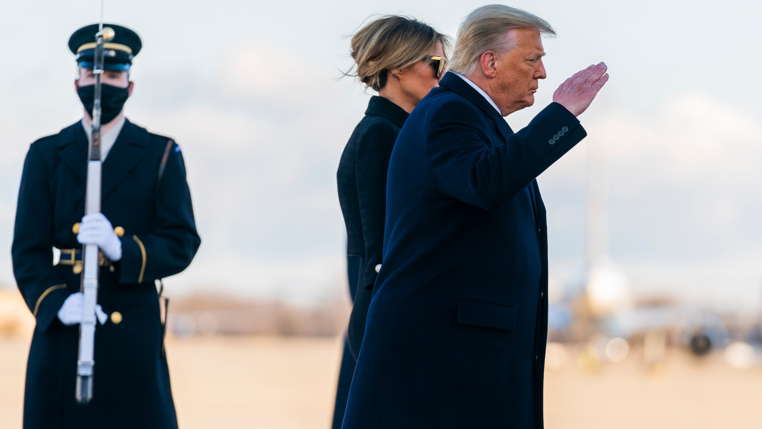 FILE - Deciding to skip President-elect Joe Biden's inauguration, outgoing President Donald Trump and first lady Melania Trump depart Washington en route to his Mar-a-Lago Florida Resort, at Andrews Air Force Base, Md., Jan. 20, 2021. (AP Photo/Manuel Balce Ceneta, File)