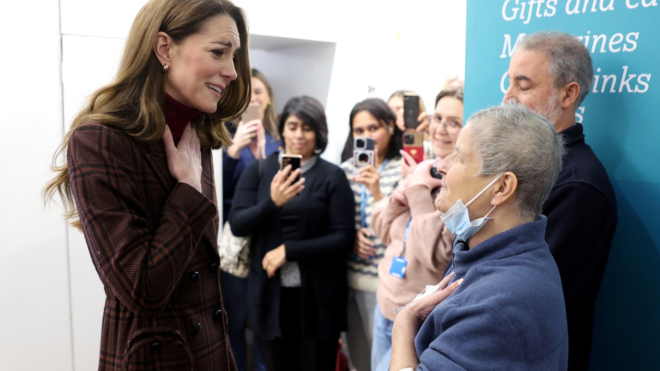 Britain's Princess Kate, left, talks with Rebecca Mendelhson during a visit to The Royal Marsden Hospital, where she received her cancer treatment, in London, Tuesday Jan. 14, 2025 in London, England. (Chris Jackson/Pool Photo via AP)