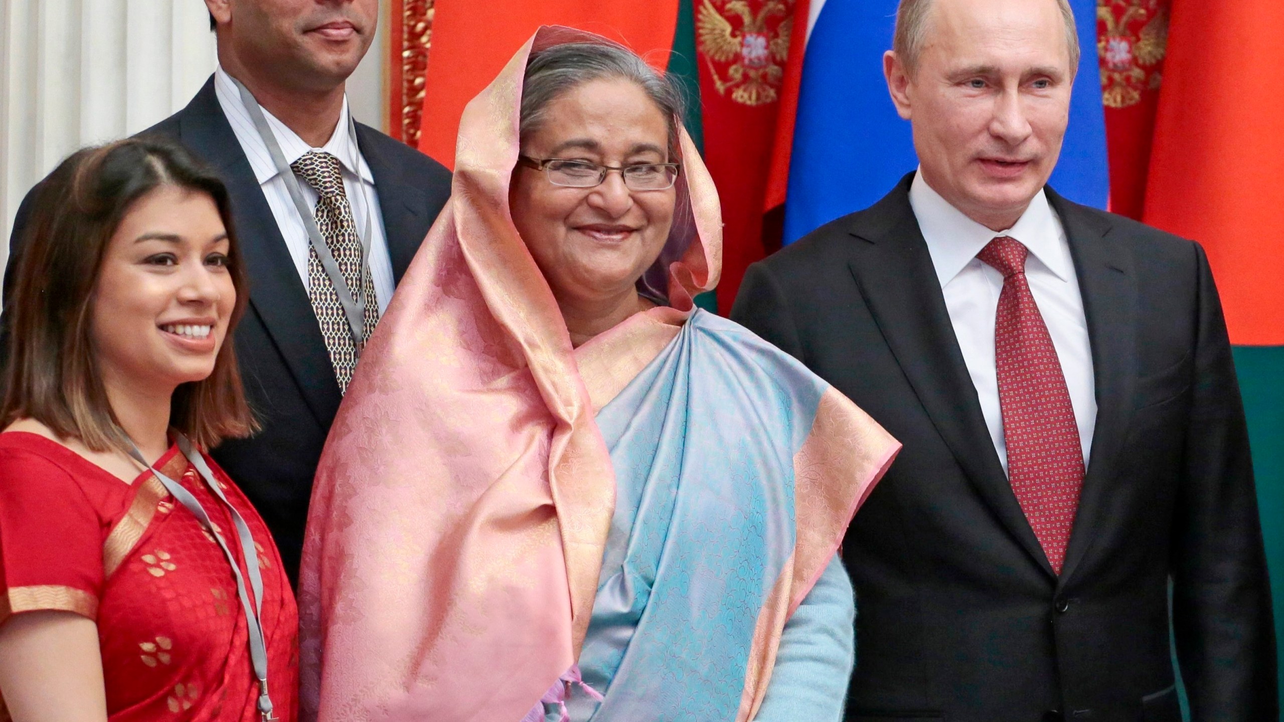 FILE - Russian President Vladimir Putin, right, Bangladesh Prime Minister Sheikh Hasina, second right, and Tulip Siddiq, left, attend a signing ceremony in the Kremlin in Moscow, Russia, Tuesday, Jan. 15, 2013. (AP Photo/Mikhail Metzel, Pool, File)