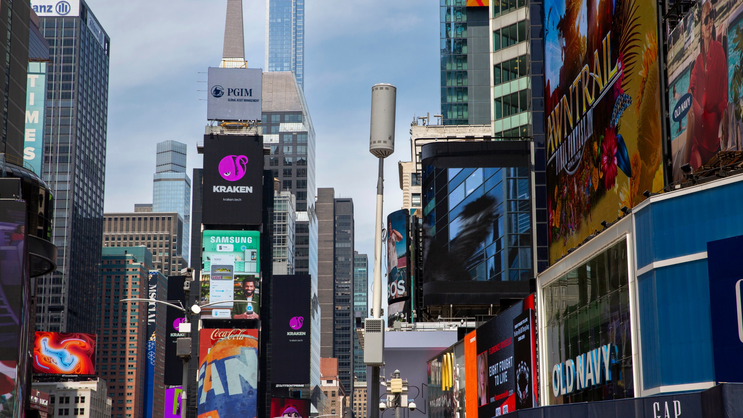 FIL E- A cell tower stands in Times Square in New York, June 25, 2024. (AP Photo/Ted Shaffrey, Fie)