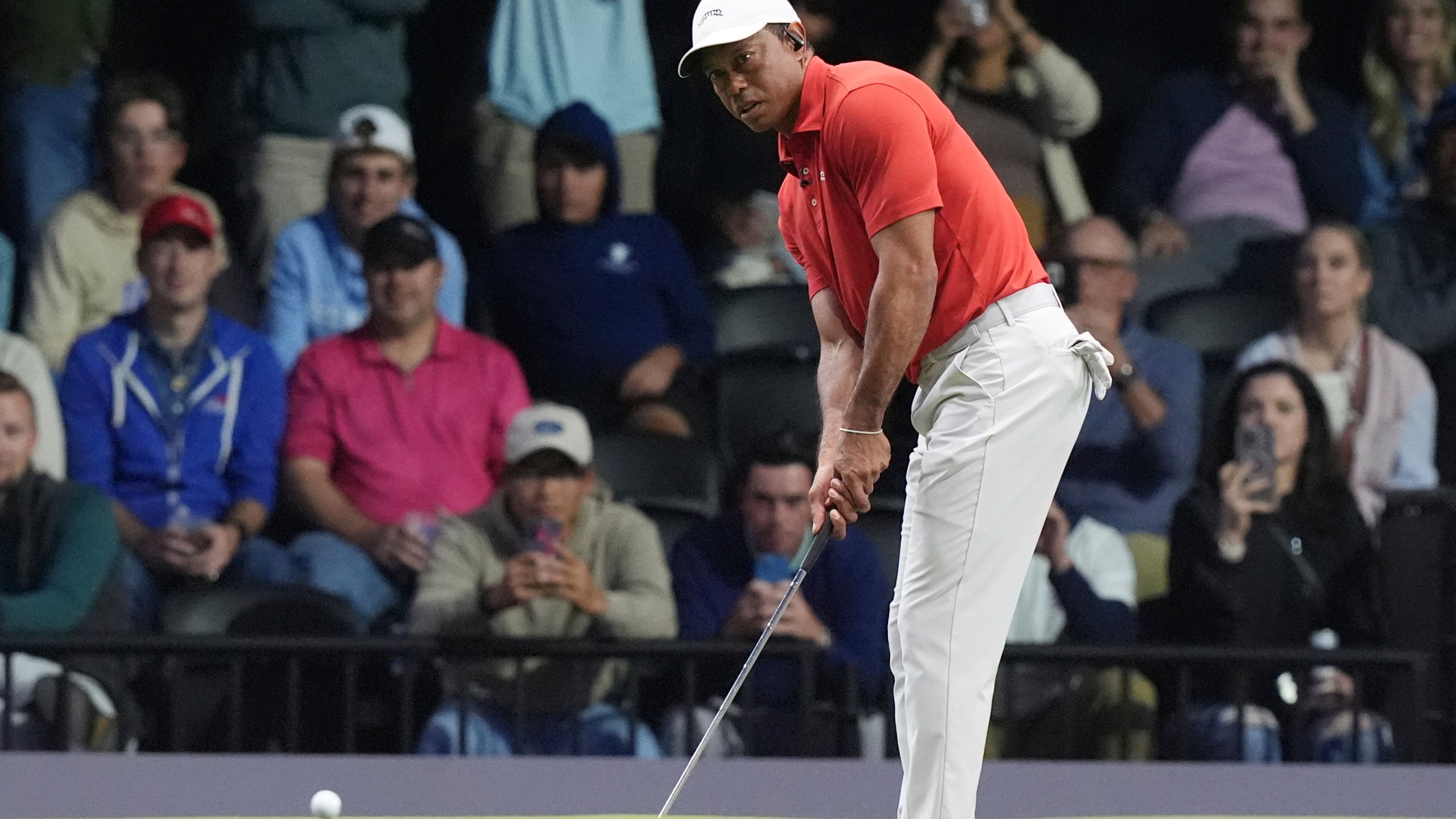 Tiger Woods of the Jupiter Links Golf Club putts on the 10 green during a match against the Los Angeles Golf Club, Tuesday, Jan. 14, 2025, in Palm Beach Gardens, Fla. (AP Photo/Marta Lavandier)