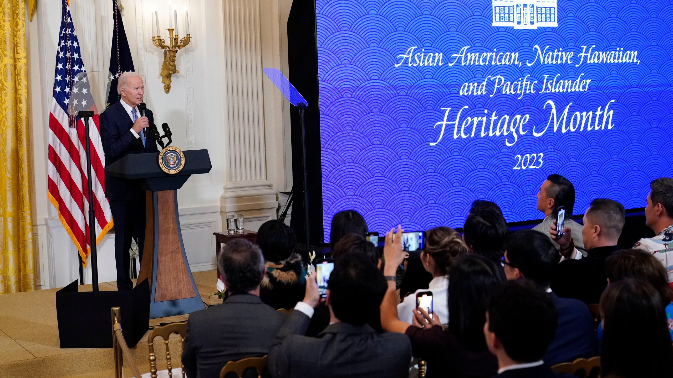 FILE - President Joe Biden speaks before a screening of the series "American Born Chinese" in the East Room of the White House in Washington, in celebration of Asian American, Native Hawaiian, and Pacific Islander Heritage Month, May 8, 2023. (AP Photo/Susan Walsh, File)