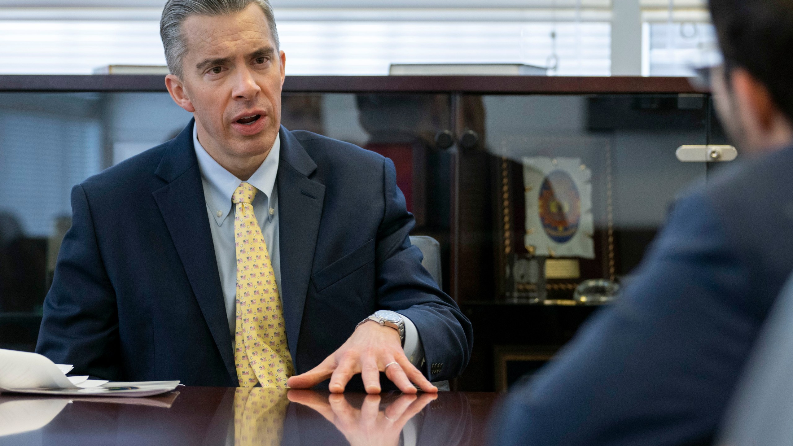 Acting Director of the National Counterterrorism Center Brett Holmgren speaks during an interview at the National Counterterrorism Center, Jan. 8, 2025 in McLean, Va. (AP Photo/Kevin Wolf)