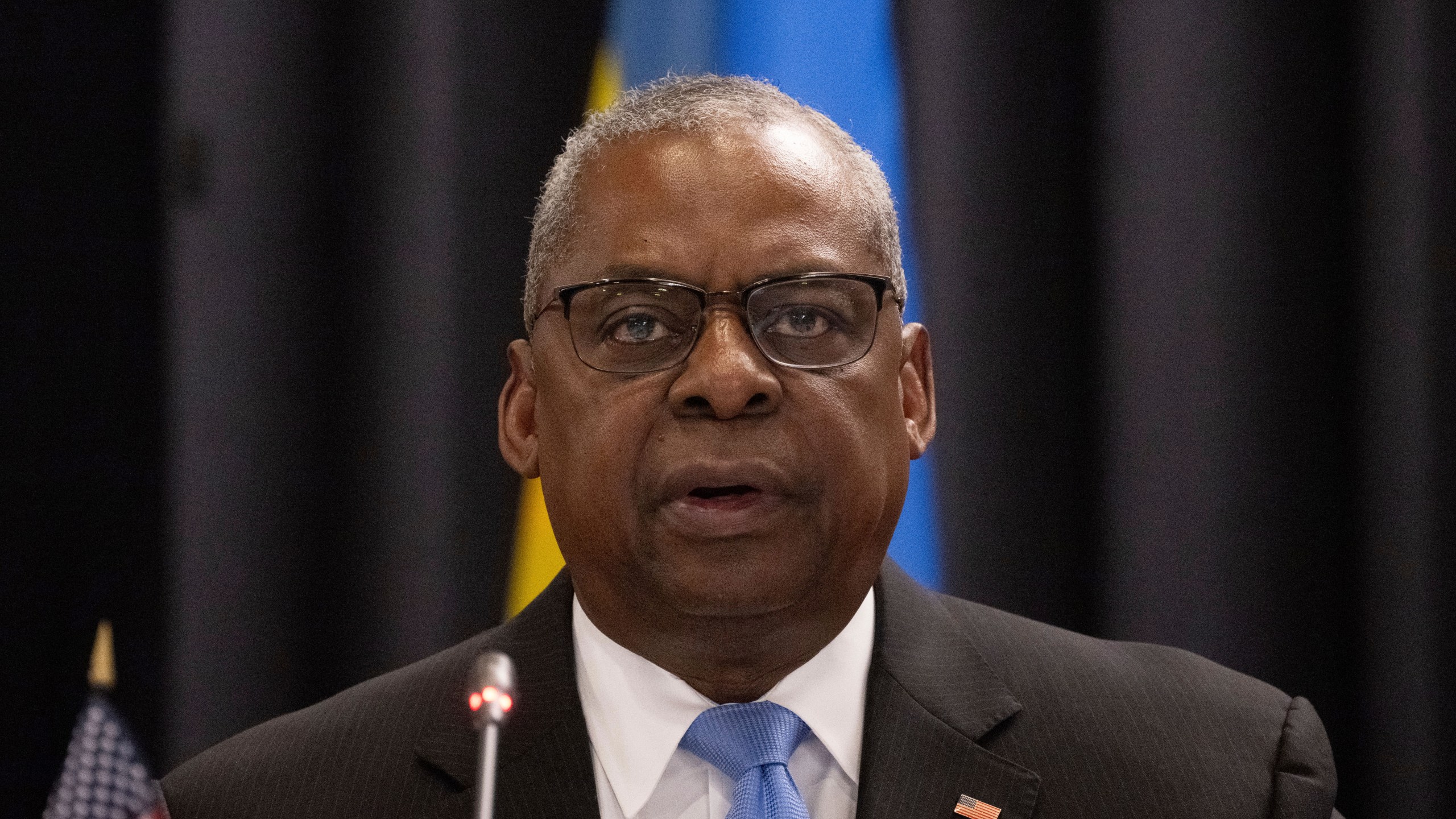 U.S. Secretary of Defense Lloyd Austin attends a meeting of the Ukraine Contact Group at Ramstein Air Base, Germany, Thursday, Jan. 9, 2025. (Marijan Murat/dpa via AP)