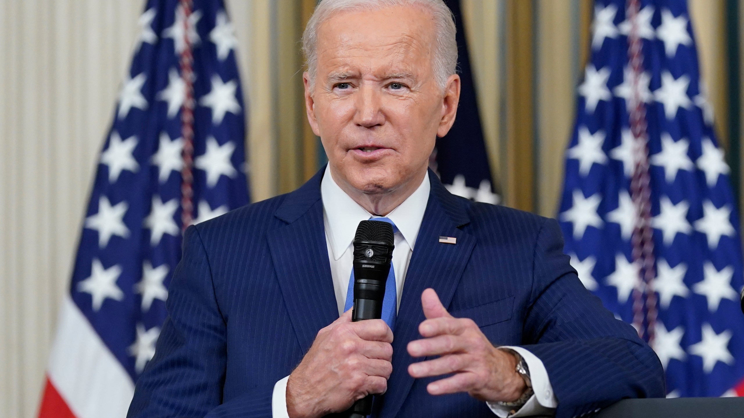 FILE - President Joe Biden answers questions from reporters as he speaks in the State Dining Room of the White House in Washington, Nov. 9, 2022. (AP Photo/Susan Walsh, File)