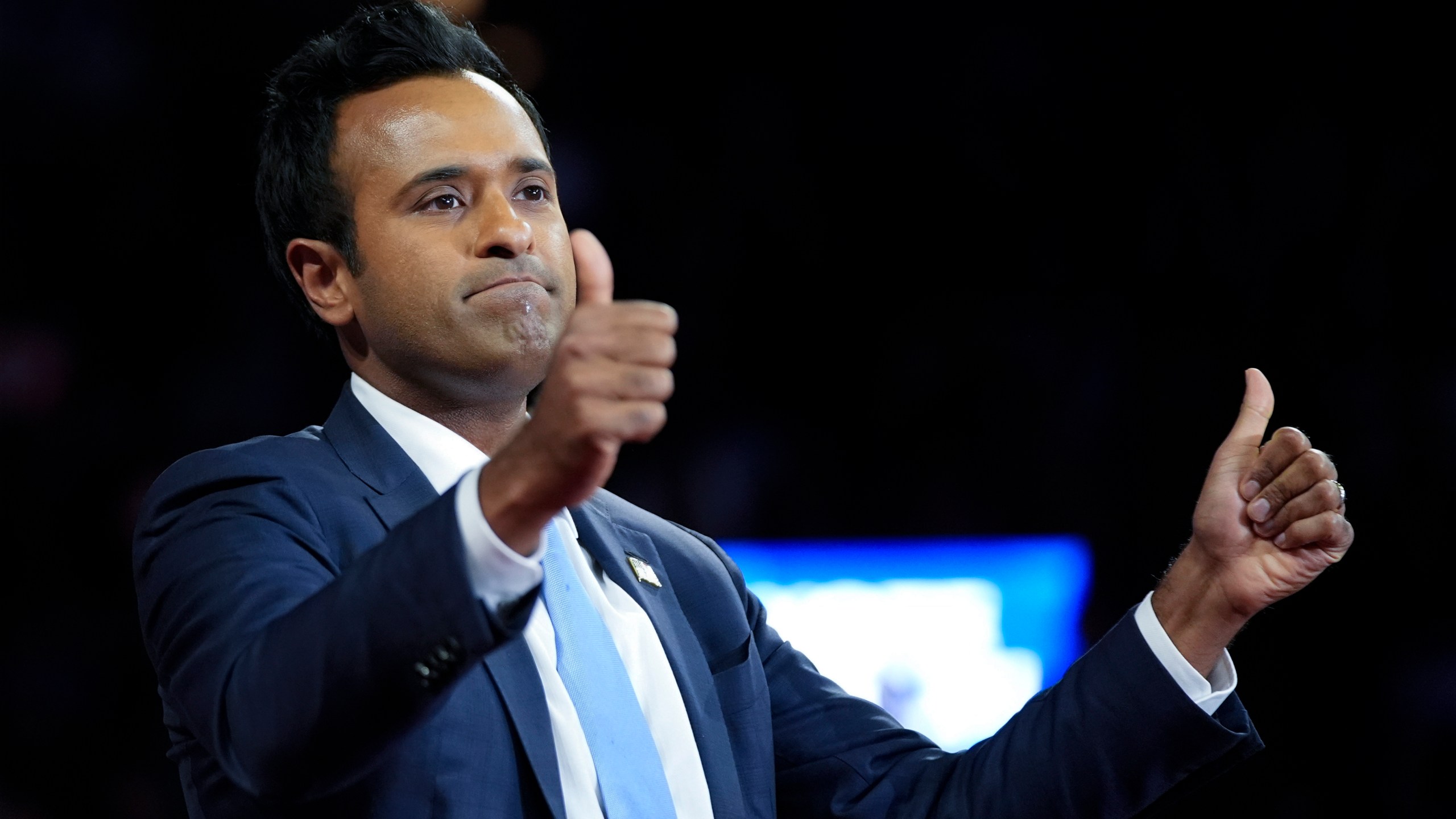 FILE - Vivek Ramaswamy arrives before Republican presidential nominee former President Donald Trump at a campaign rally at the Santander Arena, Oct. 9, 2024, in Reading, Pa. (AP Photo/Alex Brandon, File)