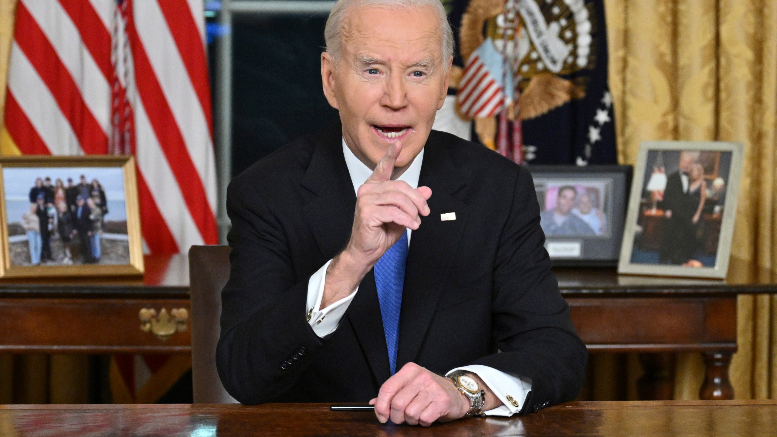 President Joe Biden speaks from the Oval Office of the White House as he gives his farewell address Wednesday, Jan. 15, 2025, in Washington. (Mandel Ngan/Pool via AP)