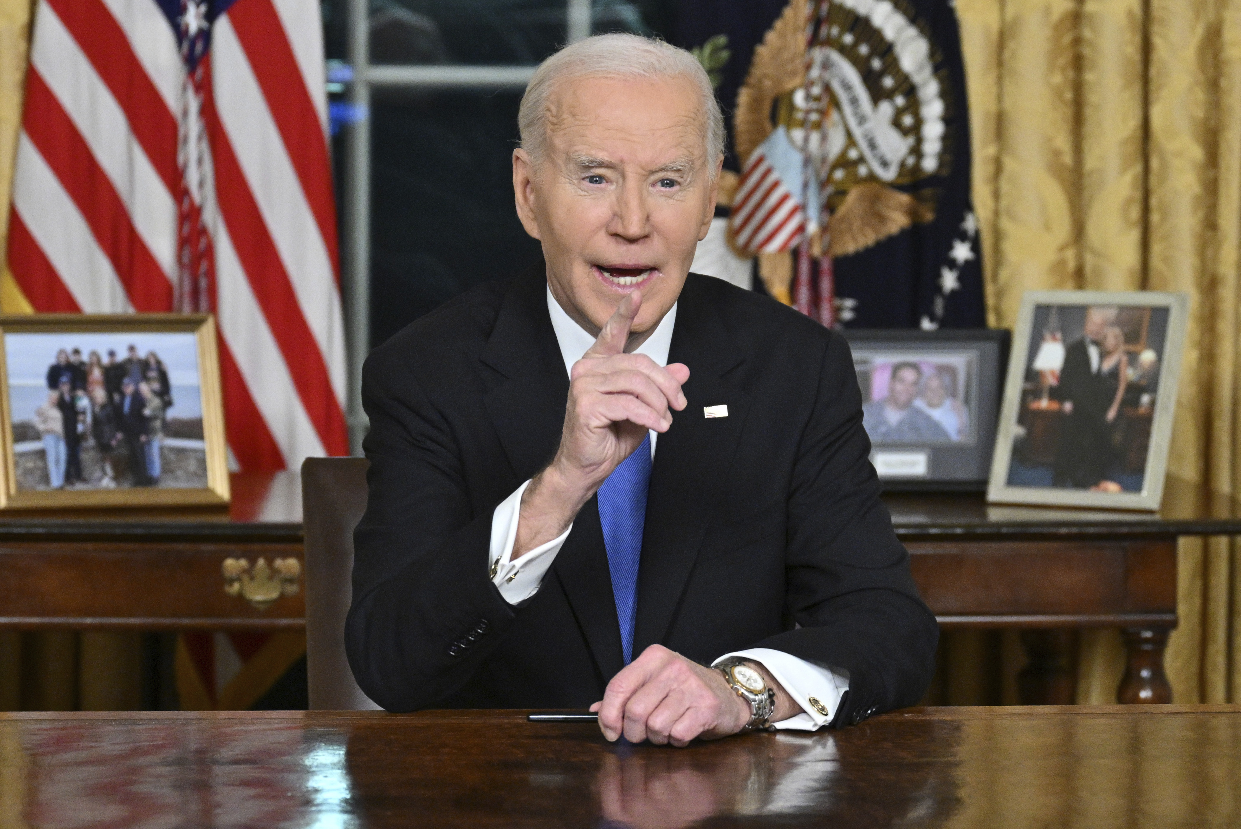 President Joe Biden speaks from the Oval Office of the White House as he gives his farewell address Wednesday, Jan. 15, 2025, in Washington. (Mandel Ngan/Pool via AP)