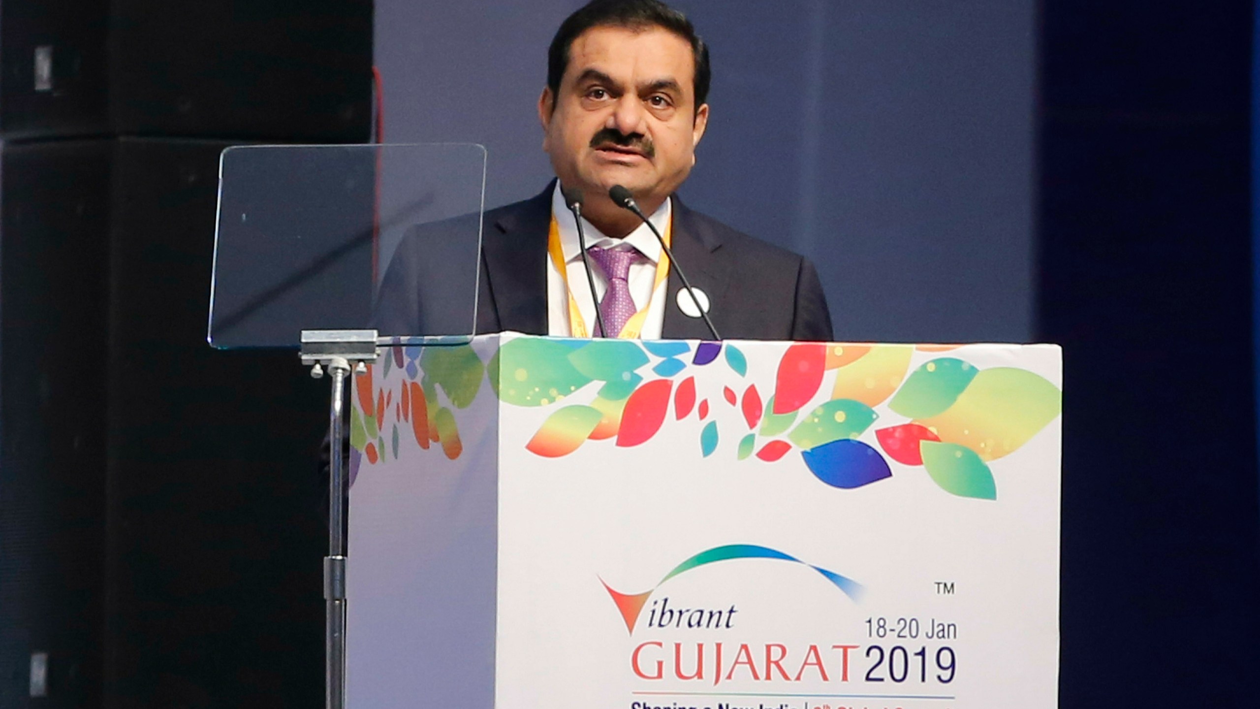 FILE- Adani group Chairman Gautam Adani speaks during the inauguration of the 9th Vibrant Gujarat Global Summit in Gandhinagar, India, Jan. 18, 2019. (AP Photo/Ajit Solanki, File)