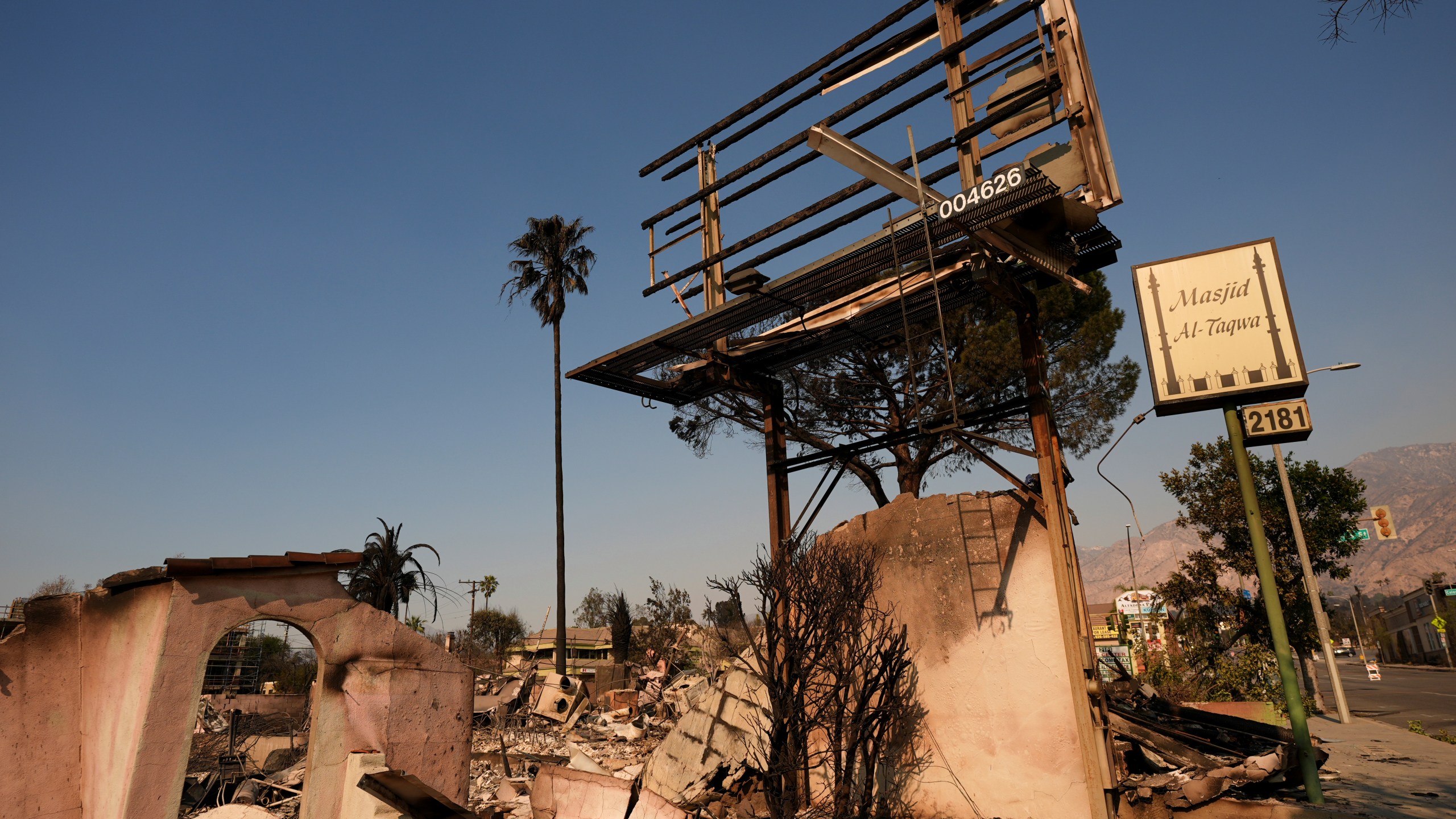 FILE - The remains of the Masjid-Al-Taqwa mosque are seen in the aftermath of the Eaton Fire Friday, Jan. 10, 2025, in Altadena, Calif. (AP Photo/Jae C. Hong, File)