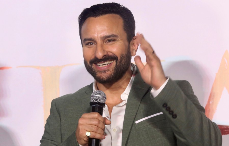 FILE - Bollywood actor Saif Ali Khan attends the trailer launch of his film Tanhaji in Mumbai, India, Nov. 19, 2019. (AP Photo/Rafiq Maqbool, File)