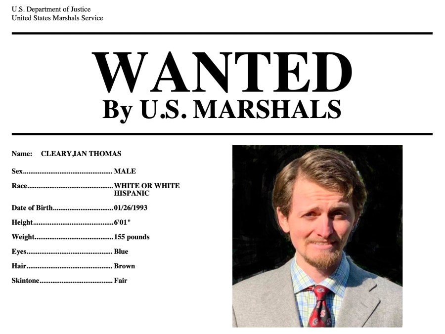 This undated wanted poster, provided by the U.S. Marshals, shows Ian Cleary, of Saratoga, Calif. U.S. (U.S. Marshals via AP)