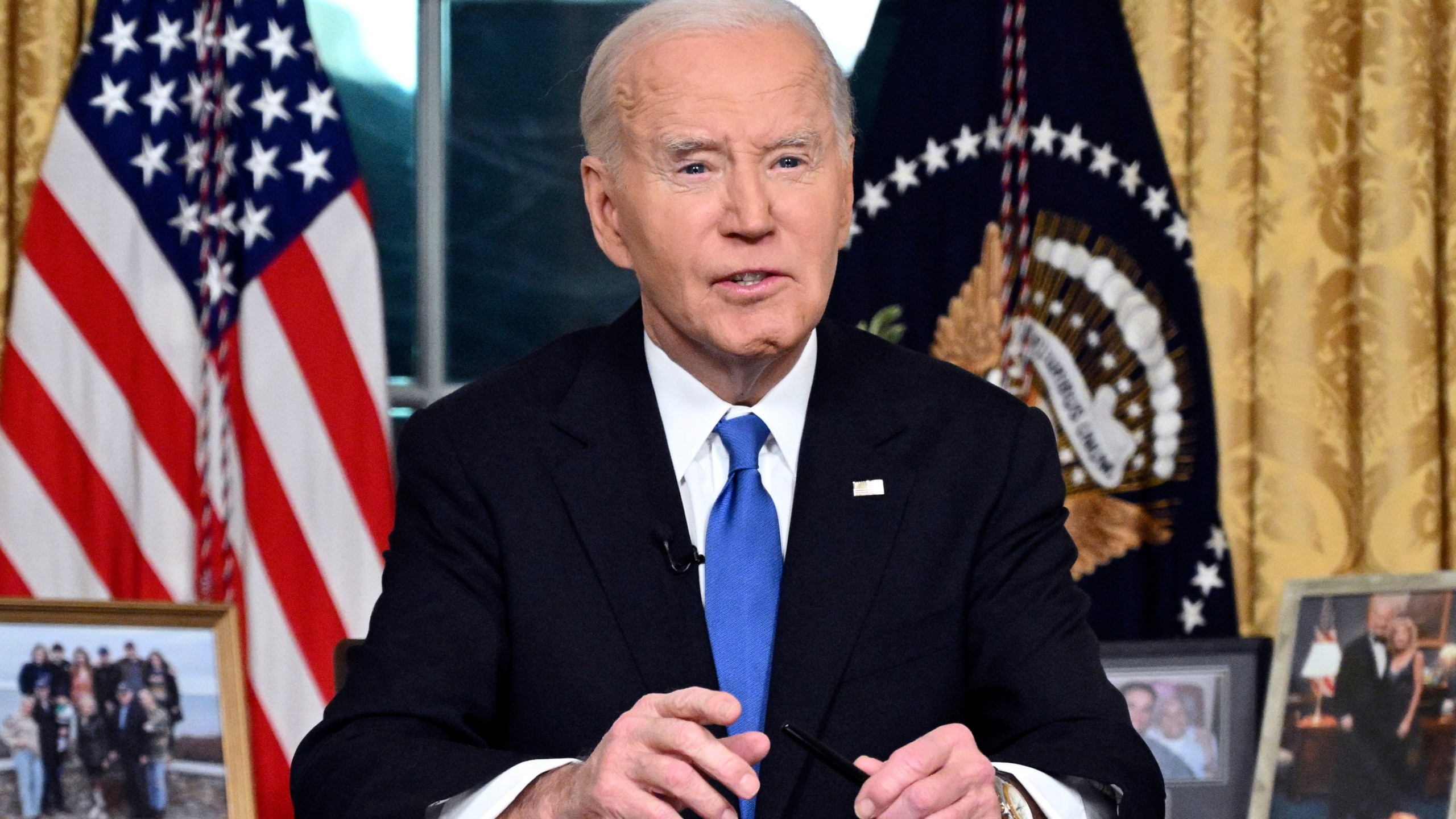 President Joe Biden speaks from the Oval Office of the White House as he gives his farewell address Wednesday, Jan. 15, 2025, in Washington. (Mandel Ngan/Pool via AP)