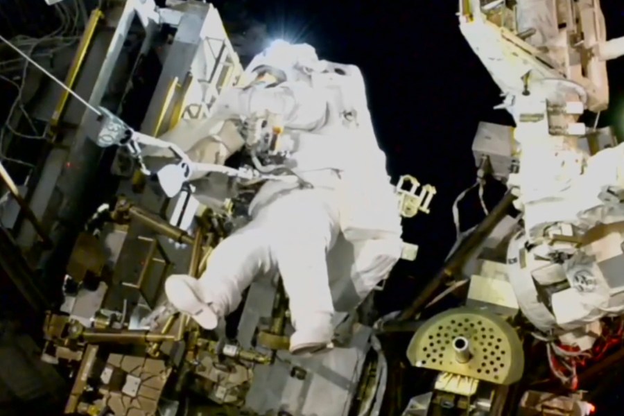 In this image, made from NASA TV, US astronaut Suni Williams works outside the International Space Station during a spacewalk Thursday, Jan. 16, 2025. ( AP Photo/NASA TV)