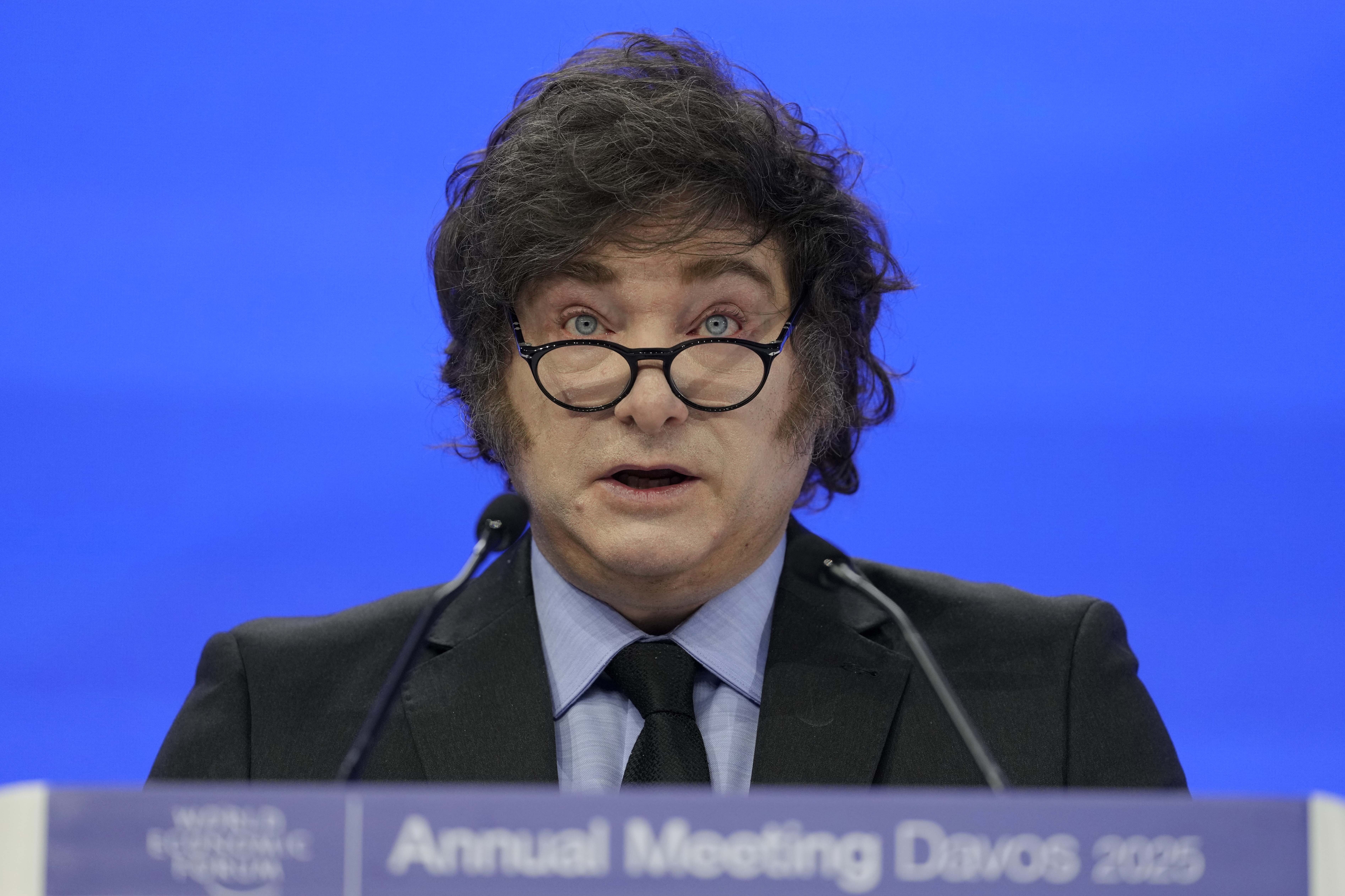 Argentina's President Javier Milei delivers his speech at the Annual Meeting of World Economic Forum in Davos, Switzerland, Thursday, Jan. 23, 2025. (AP Photo/Markus Schreiber)