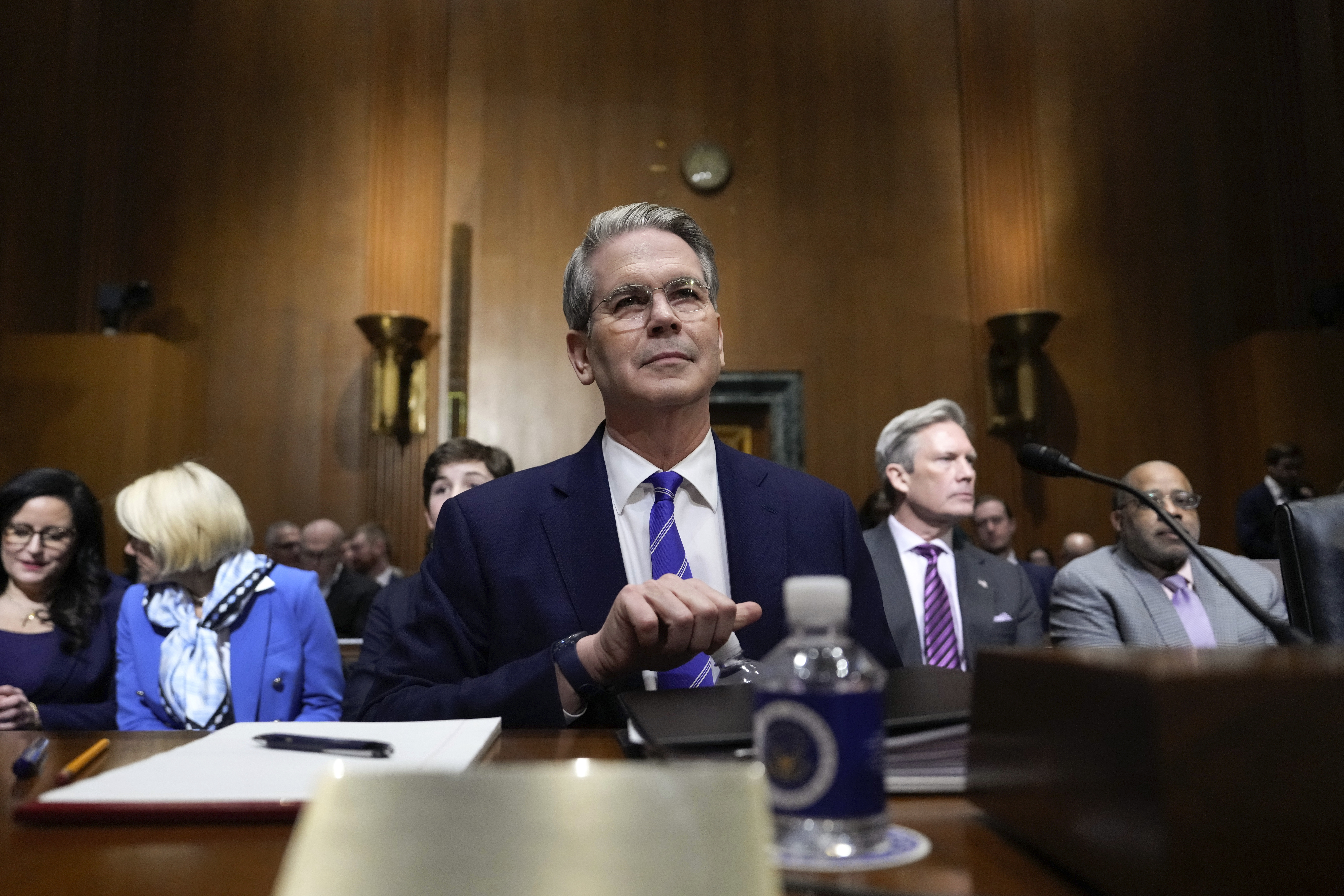 Scott Bessent, President-elect Donald Trump's choice to be Secretary of the Treasury, appears before the Senate Finance Committee for his confirmation hearing, at the Capitol in Washington, Thursday, Jan. 16, 2025. (AP Photo/Ben Curtis)