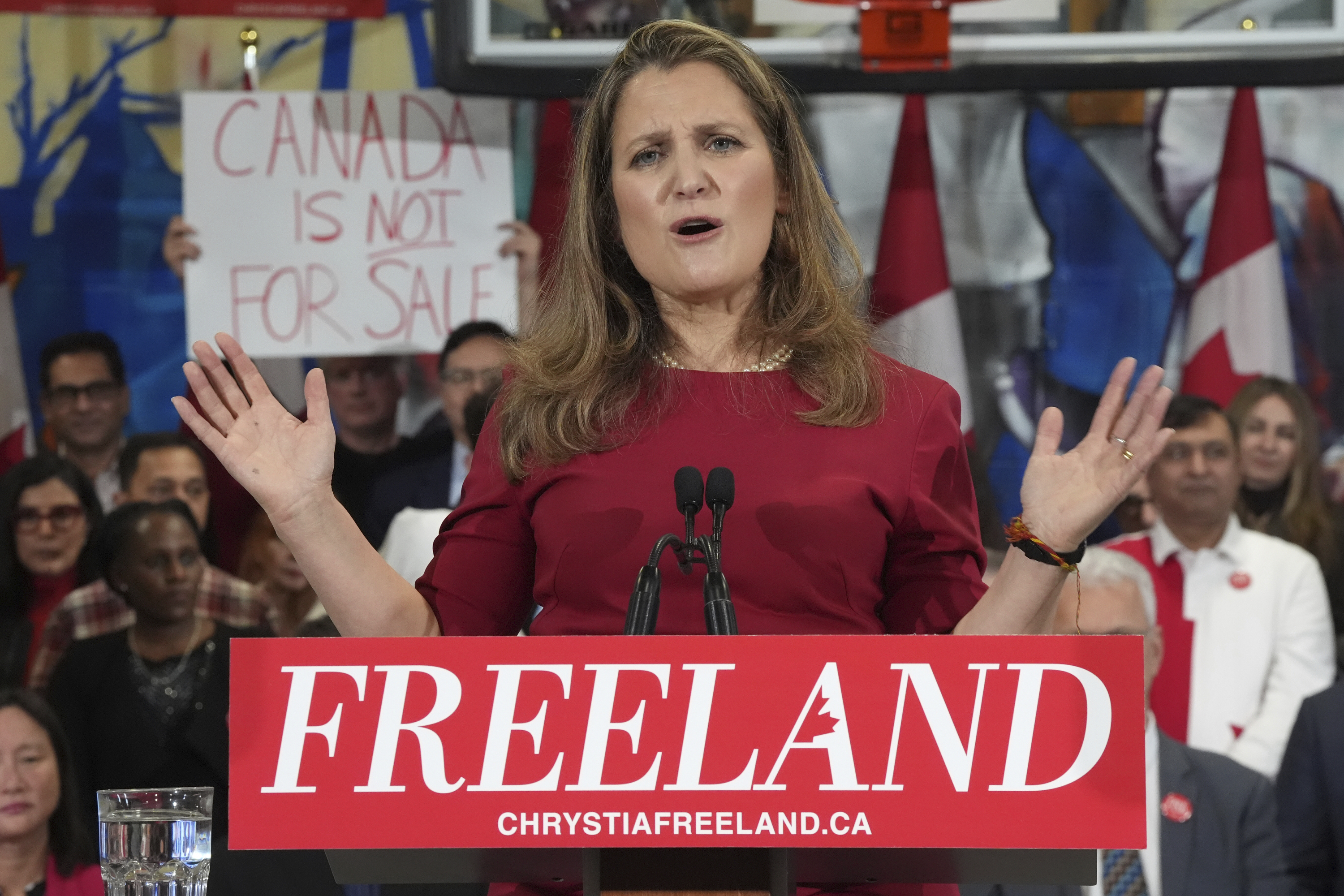 Canada's former Finance Minister Chrystia Freeland speaks at a press conference in Toronto on Sunday Jan. 19, 2025, as she kicks off her campaign to become the next Liberal party leader. (Frank Gunn/The Canadian Press via AP)