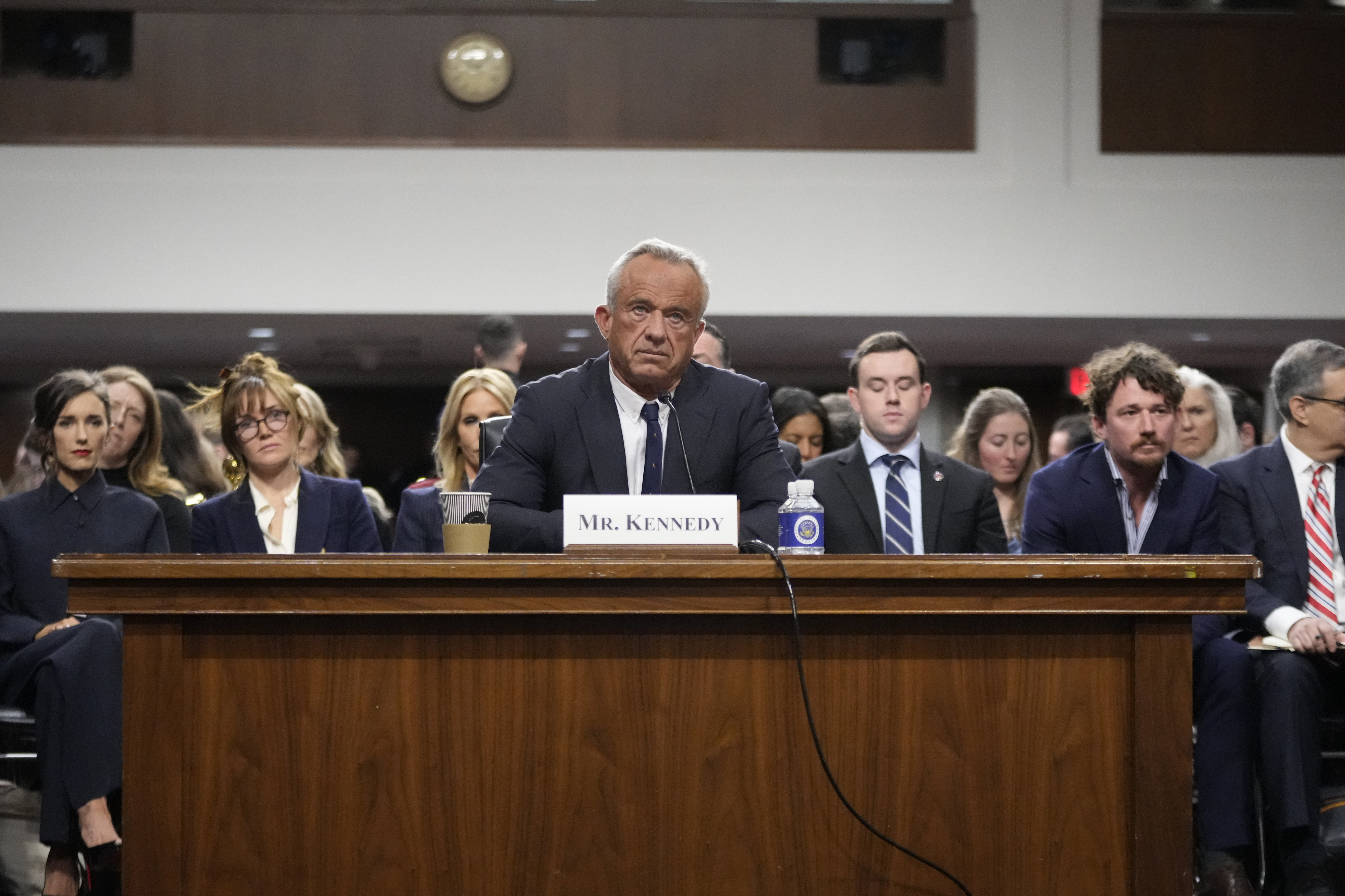 Robert F. Kennedy Jr., President Donald Trump's choice to be Secretary of Health and Human Services, appears before the Senate Finance Committee for his confirmation hearing, at the Capitol in Washington, Wednesday, Jan. 29, 2025. (AP Photo/Ben Curtis)