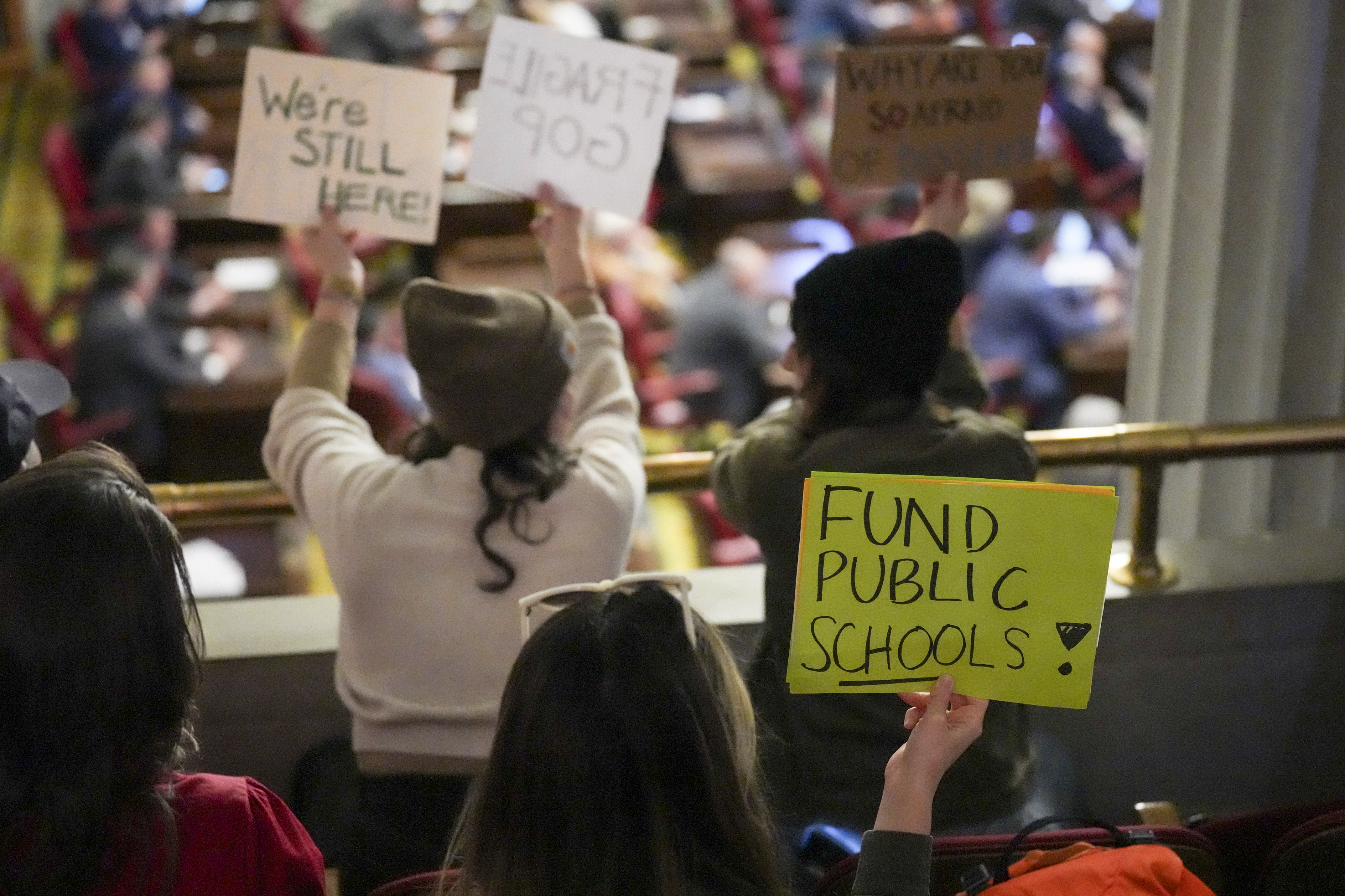 People hold signs over the House floor during a special session of the state legislature Monday, Jan. 27, 2025, in Nashville, Tenn. (AP Photo/George Walker IV)