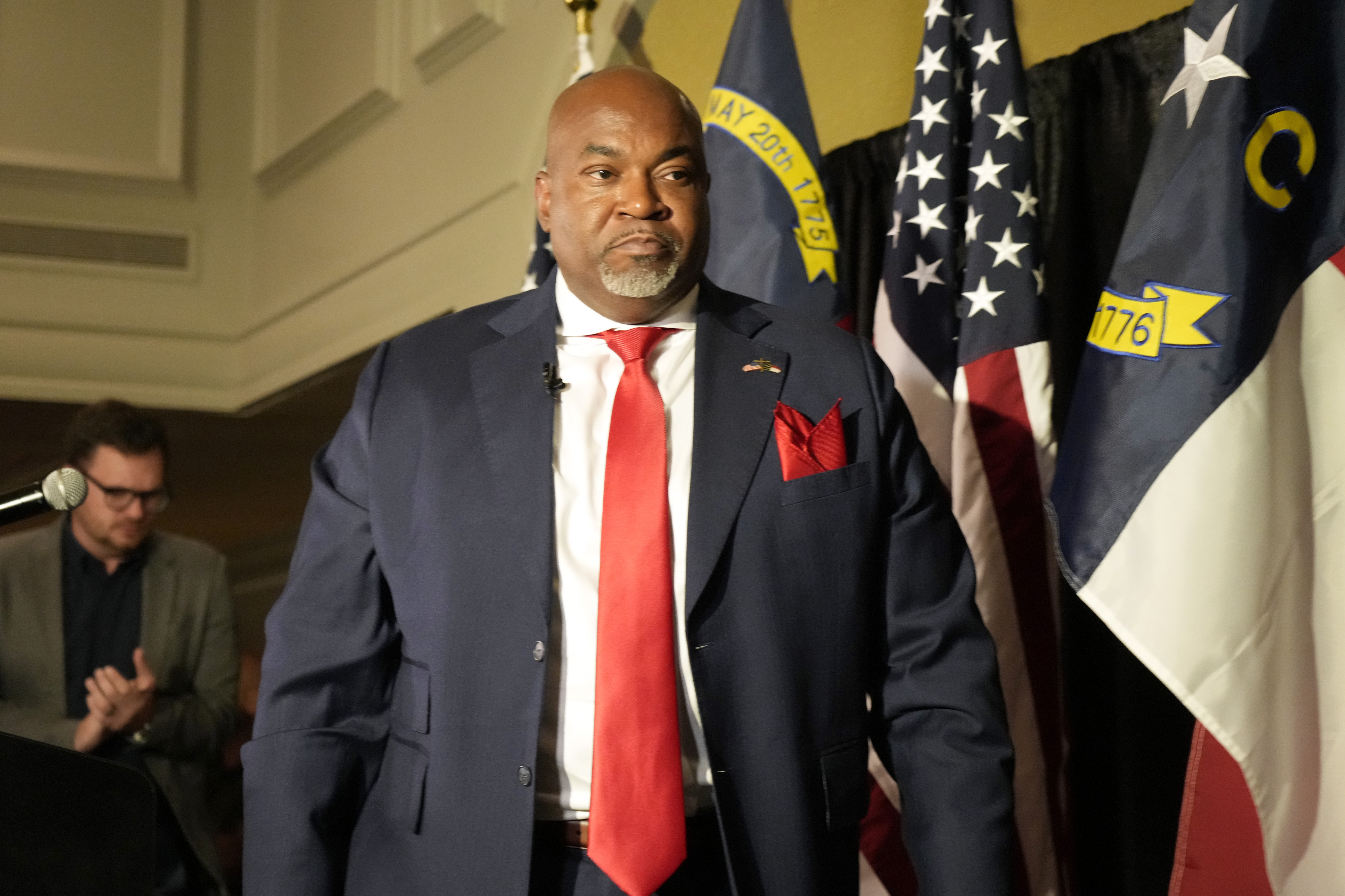 FILE - Republican North Carolina gubernatorial candidate Lt. Gov. Mark Robinson walks off the stage after speaking at an election night watch party Tuesday, Nov. 5, 2024, in Raleigh, N.C. (AP Photo/Chuck Burton, File)