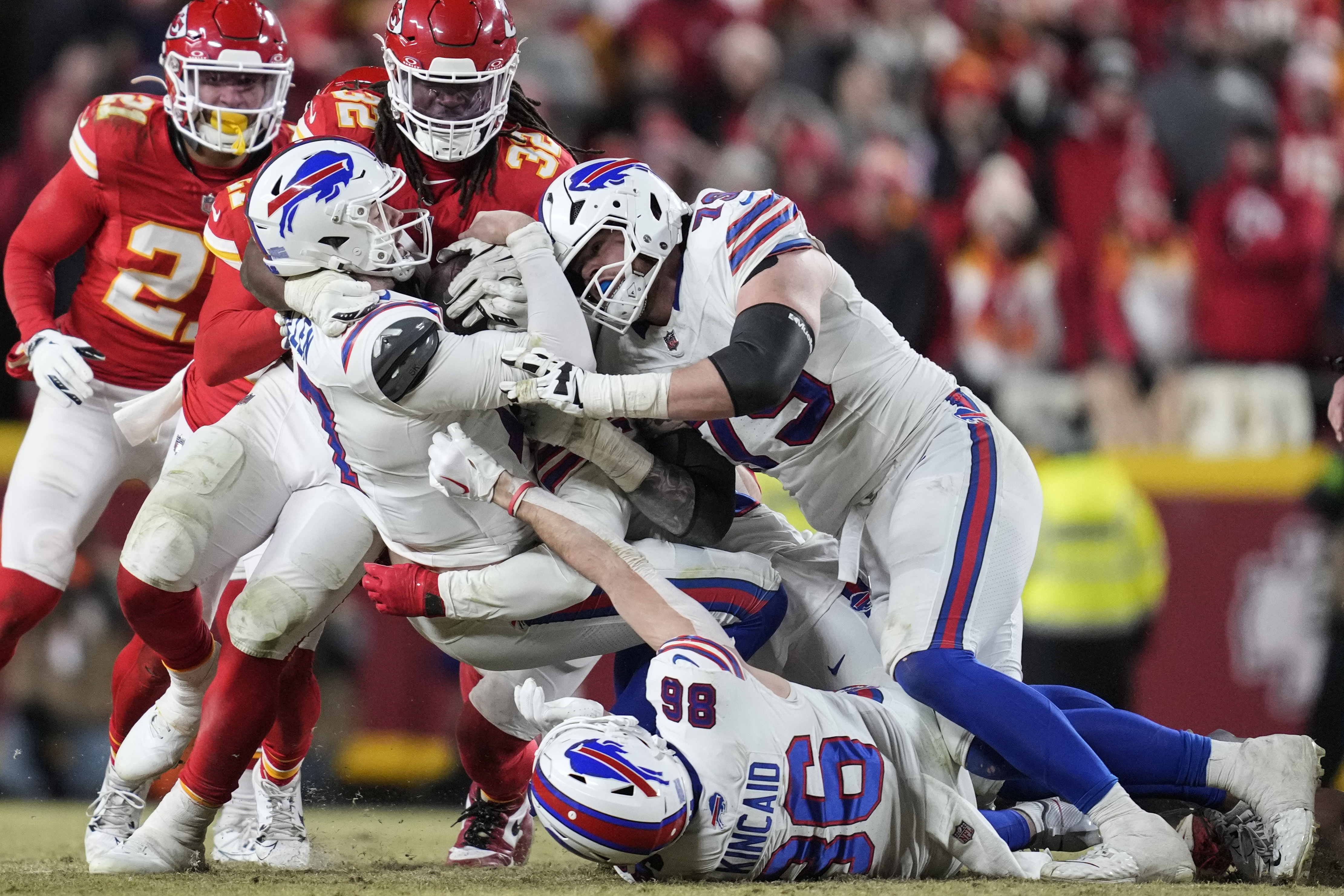 Kansas City Chiefs linebacker Nick Bolton (32) hits Buffalo Bills quarterback Josh Allen (17) during the second half of the AFC Championship NFL football game, Sunday, Jan. 26, 2025, in Kansas City, Mo. (AP Photo/Ashley Landis)