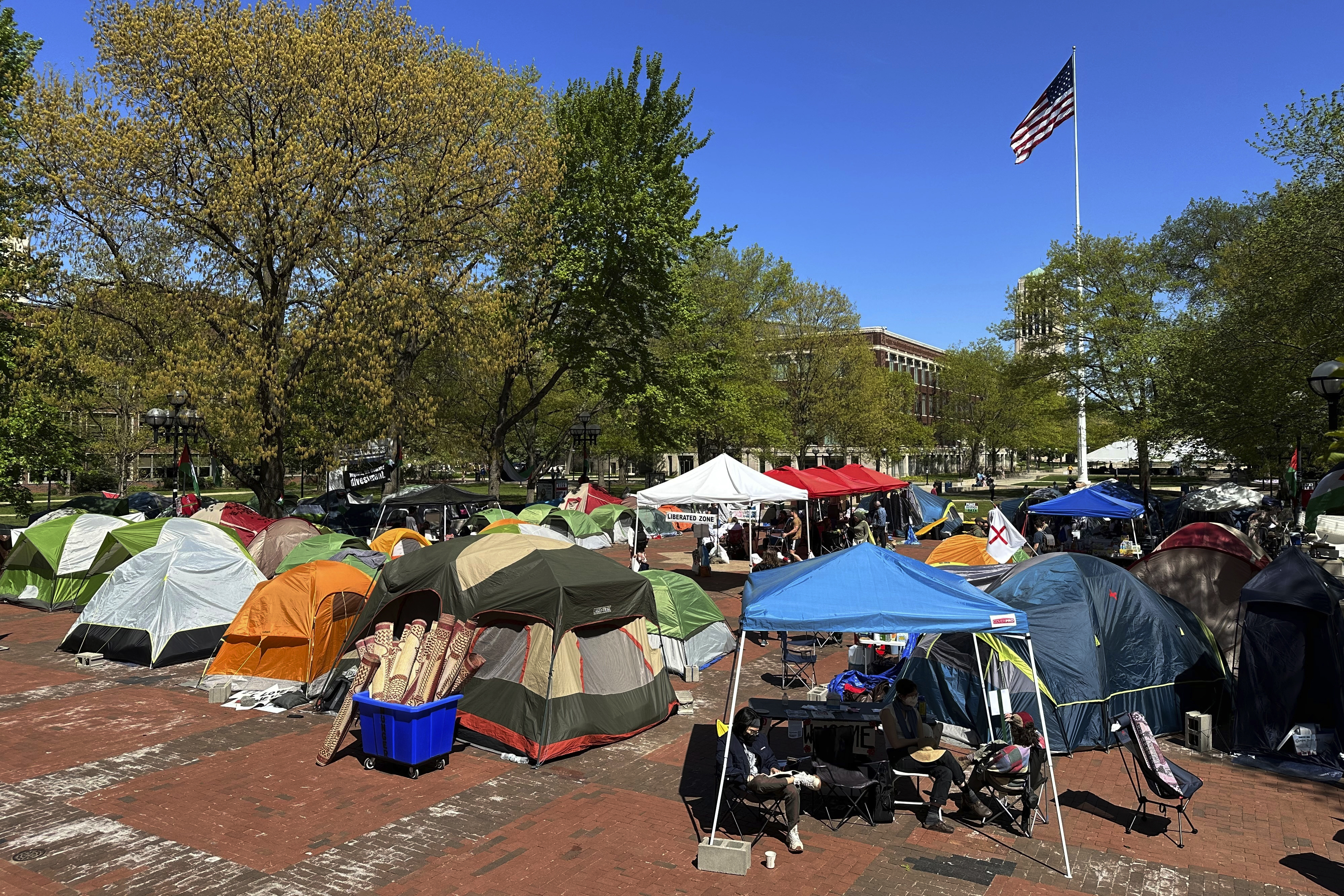 FILE - Dozens of tents in place as part of a pro-Palestinian protest at the University of Michigan in Ann Arbor, Mich., May 2, 2024. (AP Photo/Ed White, File)