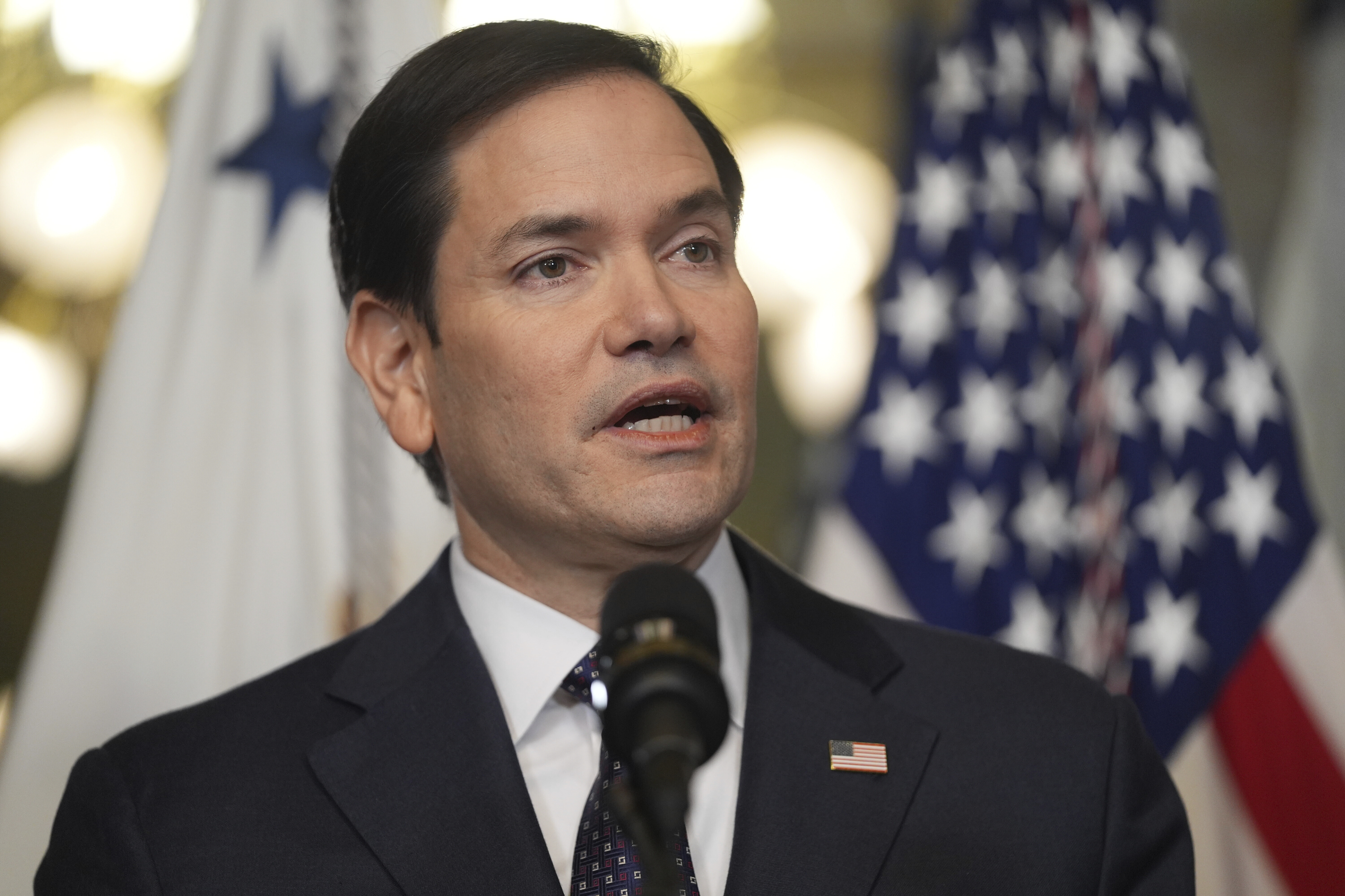 Secretary of State Marco Rubio speaks after being sworn in by Vice President JD Vance in the Vice Presidential Ceremonial Office in the Eisenhower Executive Office Building on the White House campus, Tuesday, Jan. 21, 2025, in Washington. (AP Photo/Evan Vucci)