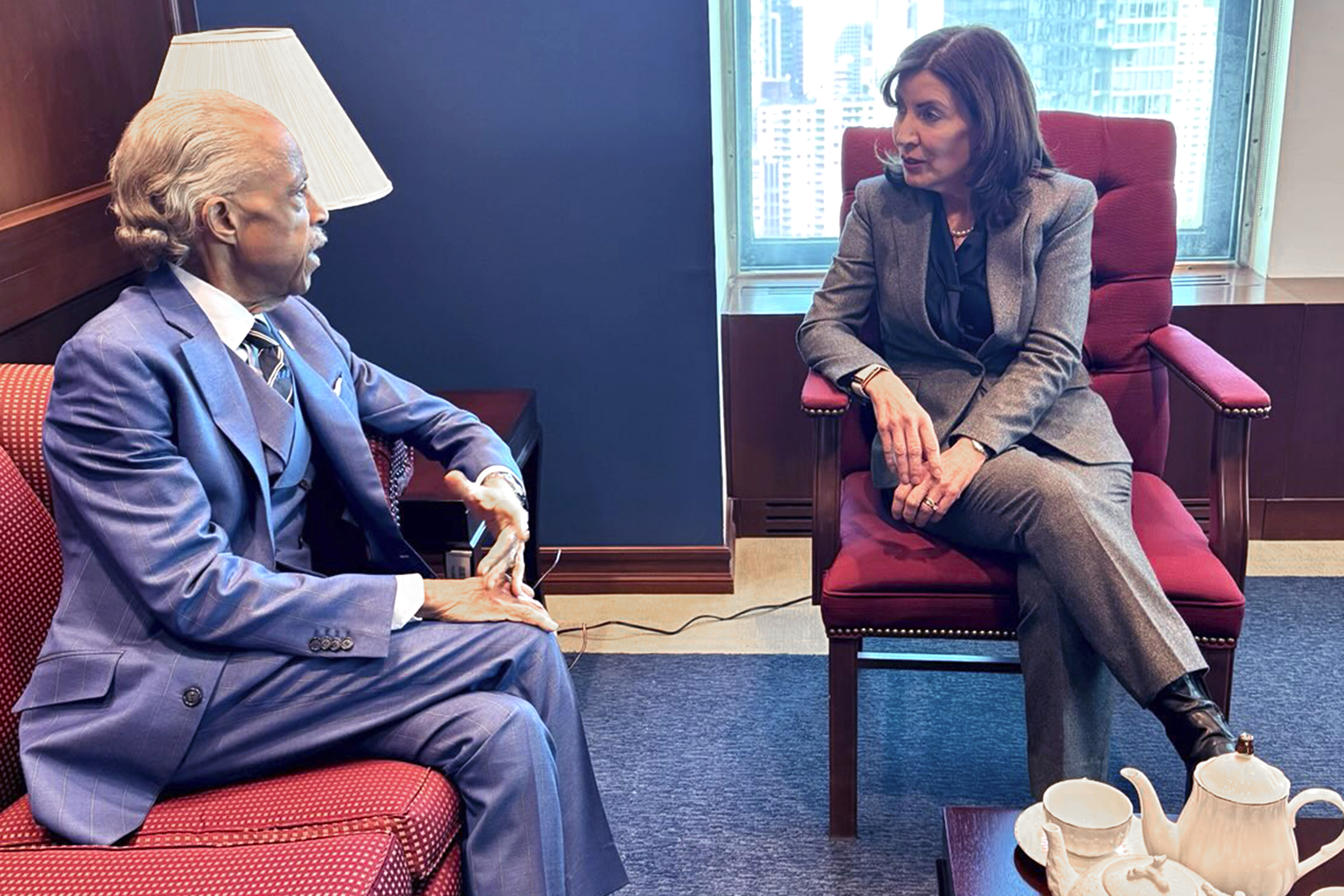 New York Gov. Kathy Hochul and Rev. Al Sharpton meet at the governor's office in New York, Tuesday, Feb. 18, 2025. (Rachel Noerdlinger via AP)