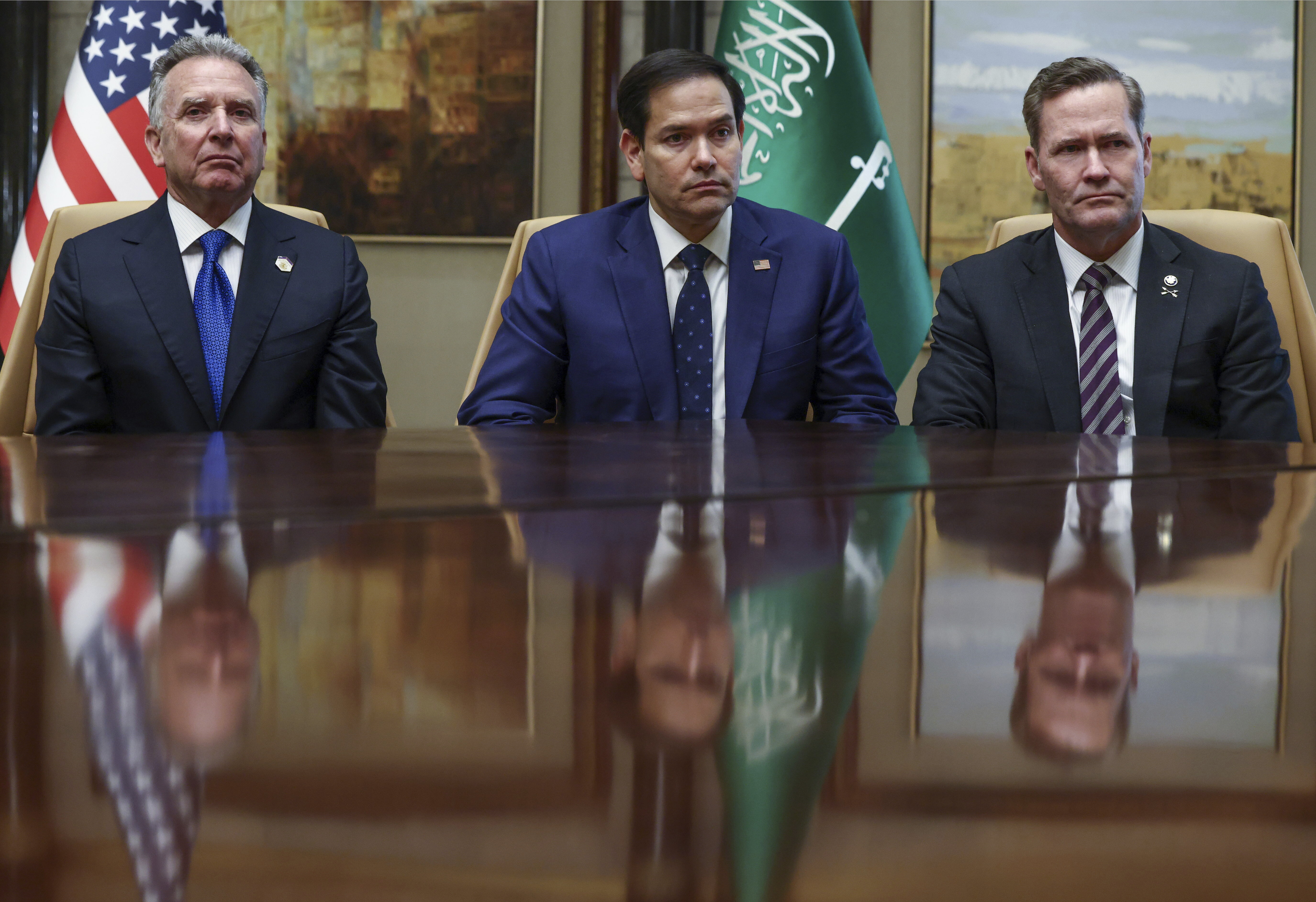 U.S. Secretary of State Marco Rubio, U.S. National Security Advisor Mike Waltz, and U.S. Middle East envoy Steve Witkoff attend an interview after meeting with Russian Foreign Minister Sergei Lavrov and Russian President Vladimir Putin's foreign policy advisor Yuri Ushakov, at Diriyah Palace, in Riyadh, Saudi Arabia, Tuesday, Feb. 18, 2025. (Evelyn Hockstein/Pool Photo via AP)